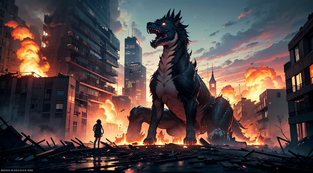 (in 8K, RAW Photos, top-quality, masterpiece:1.2), (realisitic, Photorealsitic:1.37), ultra-detailliert, high resolution, Huge Monster, Beautiful 15-year-old girl with a gigantic monster in tow in devastated Newyork, terrified expression,building crumbling, Burning flame, stunningly beautiful face, dynamic ungle