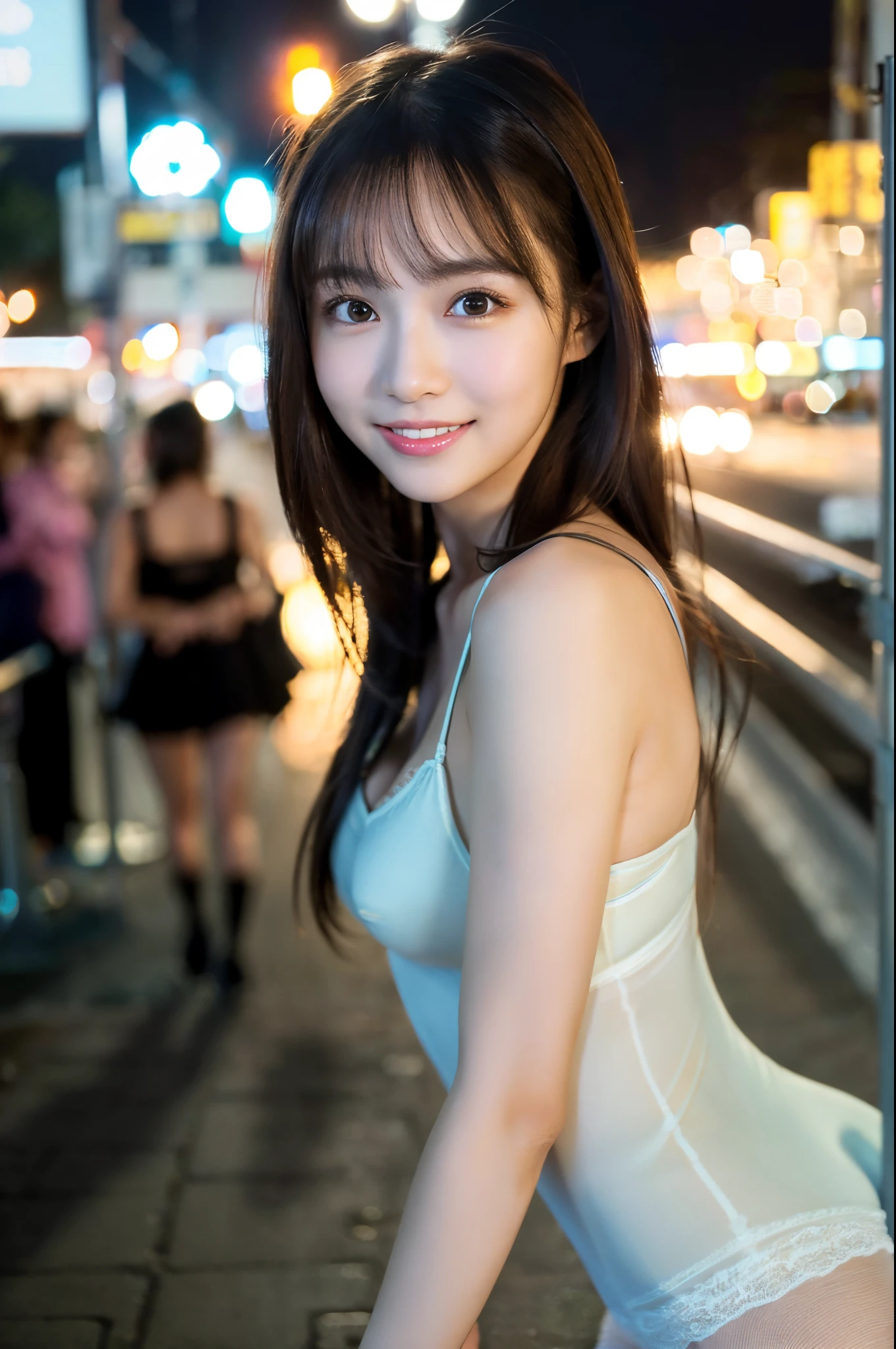 A very cute face like an idol、Looks like a young face、20-year-old female、Gentle and cute、A kind smile、((See-through clothes))、(((whole bodyの姿)))、Cleavage、A crowded bar、Cinema lighting、Natural light、whole body、RAW Photos、Genuine、(Artistic)、High level of artistry、High quality that is indistinguishable from real life、realism、Real Stick、High resolution、masterpiece