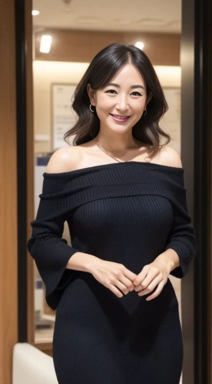 japanese mature, (Solo), 50 years old, (Wrinkles at the corners of the eyes:1.2), Large breasts, A MILF, glamor, A sexy, Chromo-white skin, Wavy Longhair, Looking at Viewer、Super large udder、Wearing a black knit off-shoulder dress、Tight fit knit dress Cheuchimuchi、Black pantyhose、high-heels、ssmile、Public places、