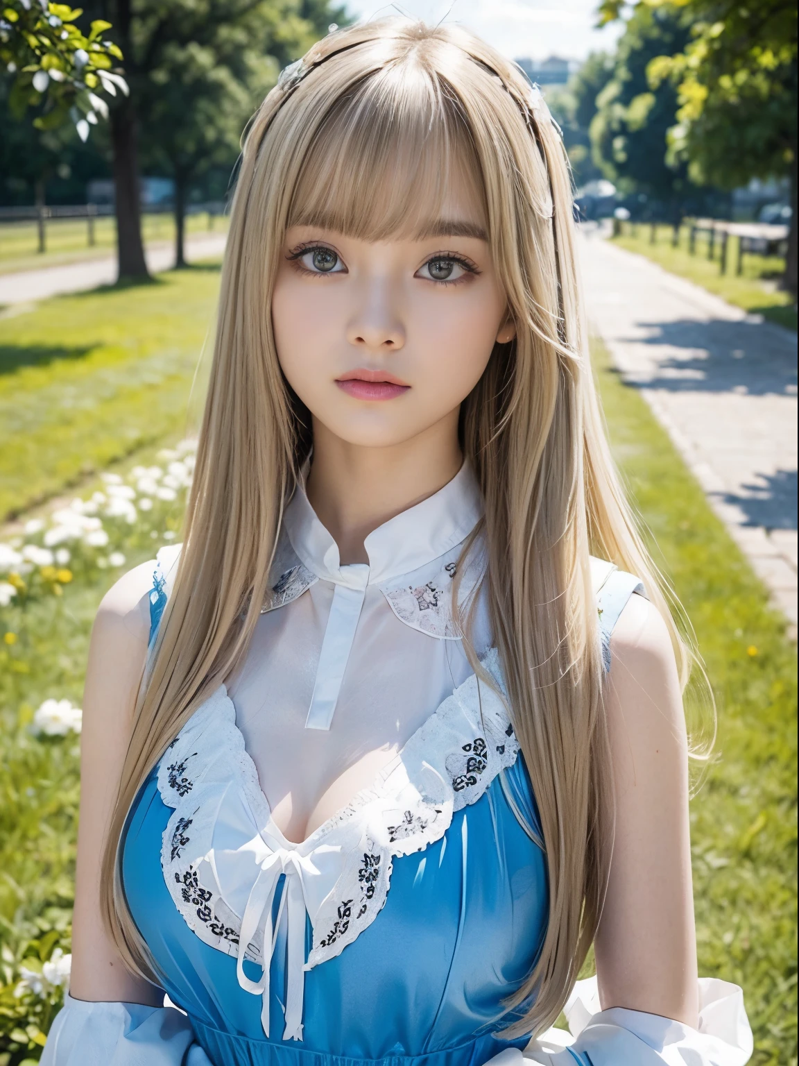 portlate、Alice in Wonderland、Blue sky、Bright and very beautiful face、Young shiny shiny white shiny skin、Best Looks、The most beautiful bright blonde hair in the world、finer hair、Super long silky straight hair、Beautiful bangs that shine、Glowing crystal clear big blue eyes、Very beautiful lovely 16 years old most beautiful girl in the world、White Apron、Blue Dress、large full 