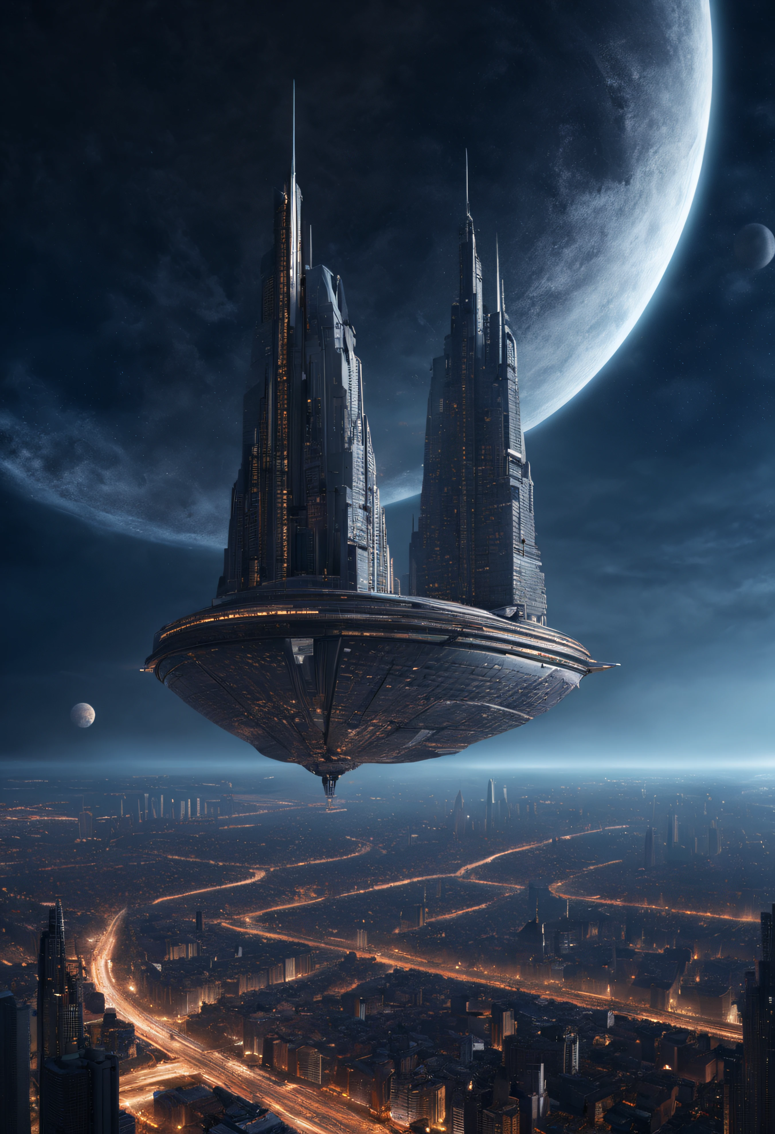 tripulantes de una nave intergalactica minera se posiciona en un planeta, con un nucleo urbano muy antiguo, pero con un pasado claramente tecnologico, con inmensos edificios en un pesimo estado de conservacion y completamente deshabitada. dos tripulantes inspeccionan la ciudad en un ambiente lugubre y iluminado por luz lunar, todo esto en un entorno de ciencia ficcion de primer nivel, ,todo lleno de imaginacion,ciencia ficcion y (intrincados detalles de la maquina).imagen fotorrealista,nitidez maxima, calidad 8k.(obra maestra de calidad superior).(renderizado 3d). obra maestra de superior calidad.