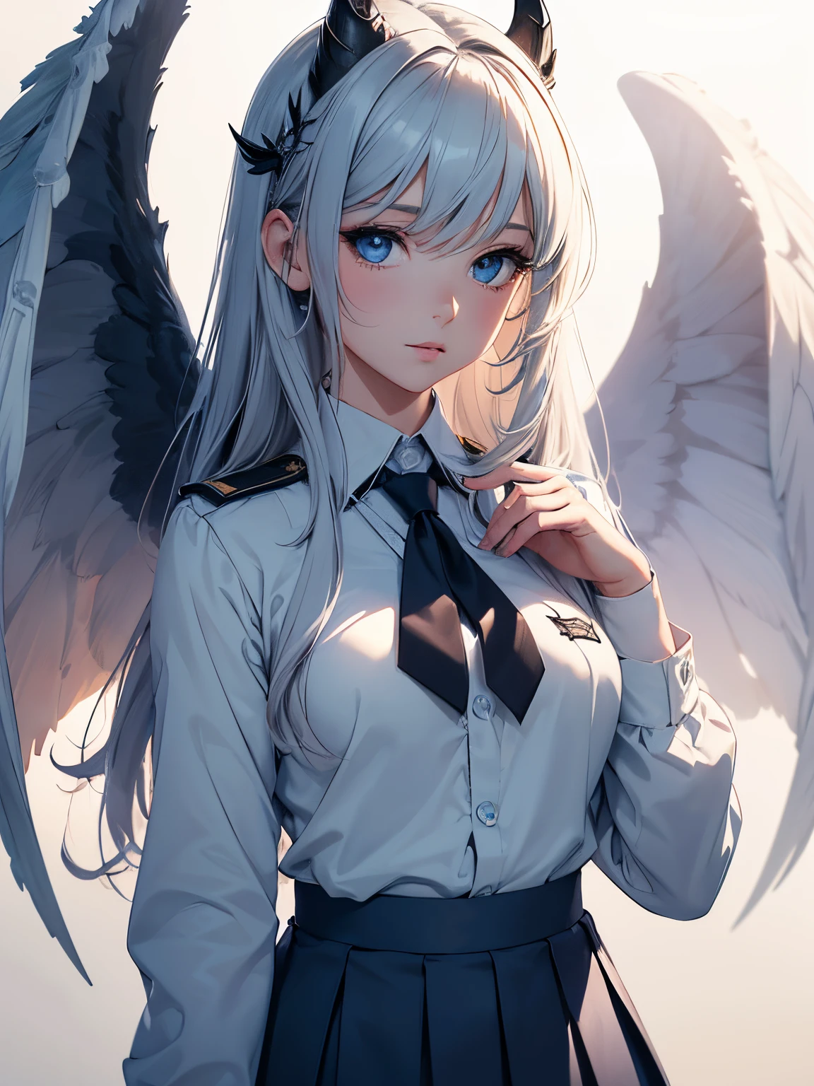 (best quality,4k,8k,highres,masterpiece:1.2),ultra-detailed,(realistic,photorealistic,photo-realistic:1.37),anime,detail:description,high-resolution,beautiful detailed eyes,beautiful detailed lips,extremely detailed eyes and face,long eyelashes,portraits,glowing wings,dark atmosphere,sharp focus,light and shadow contrasts,vivid colors,wispy clouds,fine painting techniques,professional,soft lighting,BJD doll-like,fantasy elements,mysterious aura,natural surroundings,loose blue tie and white shirt,short pleated skirt,character design,distinctive horns,sculpted wings,school badge on the uniform,ethereal setting,Schuluniform