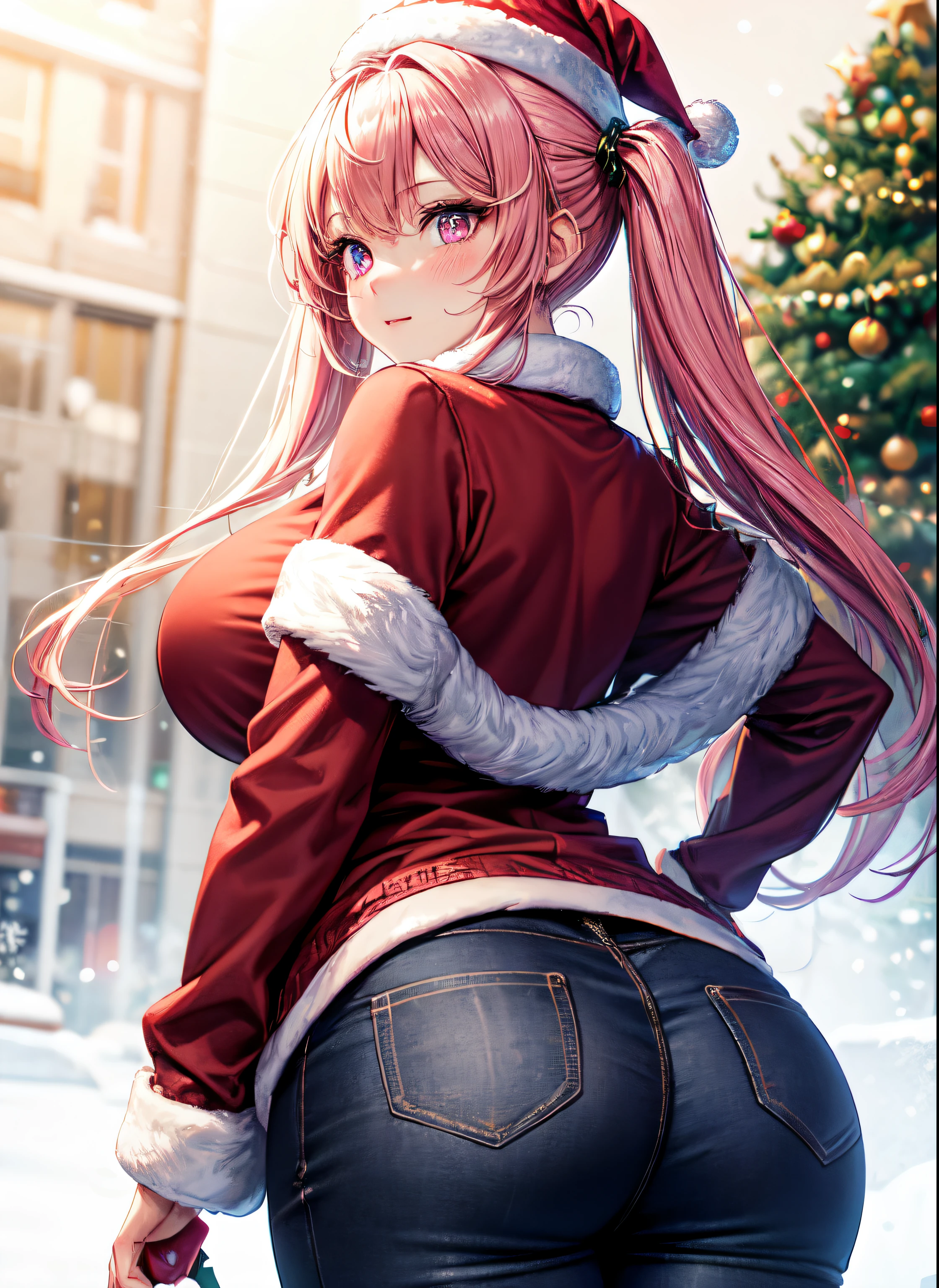 4k,  ,Lens flare, pink hair , blush, blushing, 8k, best quality, 1 girl,  detailed, Detailed fuchsia hair ++, detailed pink eyes ++,  raytracing, perfect shadow, highres, enhanced eyes,  huge ass,, plain white background, long hair, no background, white background, sexy, mature, christmas hat, christmas outfit, twin tails, sexy christmas outfit