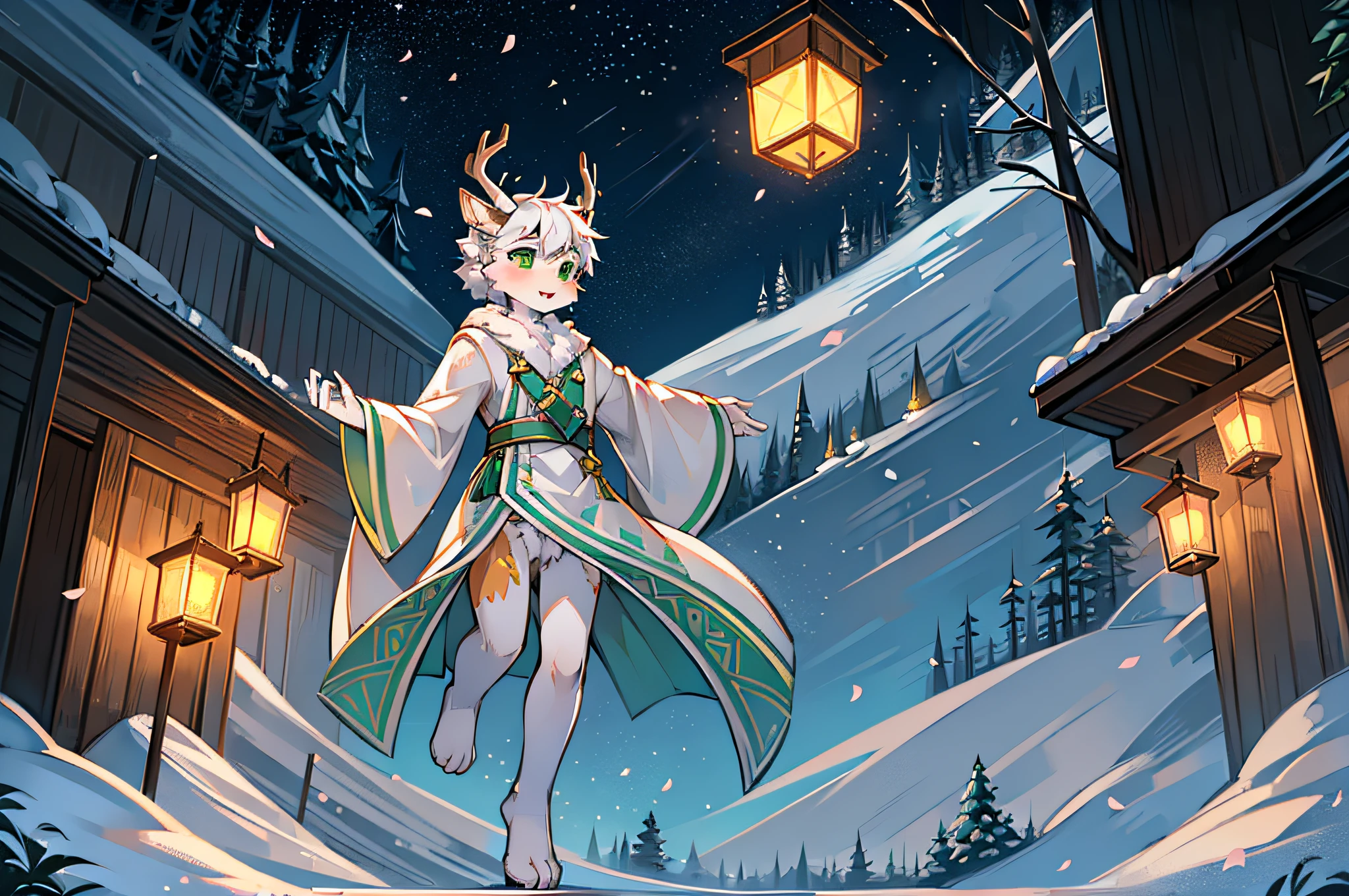 A white deer，long white robe，Green set，deer antlers，Green-eyed，Ski slopes，Peach blossom tree，shota，nigh sky，falling flower petals，lanterns，asestreaireworks