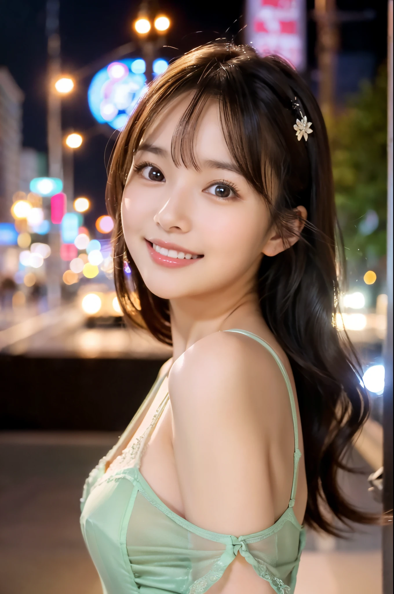 ulzzang -6500-v1.1, (Raw photo:1.2), (Photorealsitic), a beautiful detailed girl, (Real: 1.4), extremely detailed eye and face, beatiful detailed eyes, ((Street in city at night:1.3)), ((street ladies fashion:1.3, Ultra-realistic pantyhose:1.2))、selfee、Instagram、game_nffsw, huge filesize, hight resolution, ighly detailed, top-quality, [​masterpiece:1.6], illustratio, ighly detailed, nffsw, finely detail, top-quality, 8k wallpaper, Cinematographic lighting, 1girl in, 17 age, perfect body type, cute droopy eyes beautiful big eyes、Pieckfinger, ((masutepiece)), Best Quality, 1girl in, eye shadow,  Portrait, ((FULL BODYSHOT:1.4))、(Very affectionate smile:1.2)、realistic skin textures、shinny skin、Exposed thighs!!!