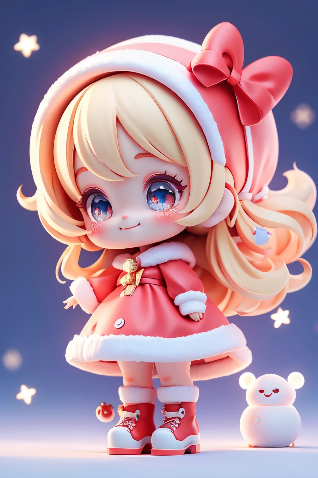 Cute girl doll dressed as Santa Claus, smiling, chibi doll, stars in eyes (sparkles), eye up, laughing together, cute red shoe oconitide, ultra detail, radiant, bioluminescent, shot from the side, stronger bokeh effect, snowflake,