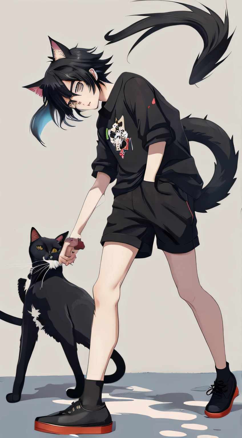 anime boy black hair black shoes black cat, anime cat, boy with cat ears and tail, There is a cat on the head