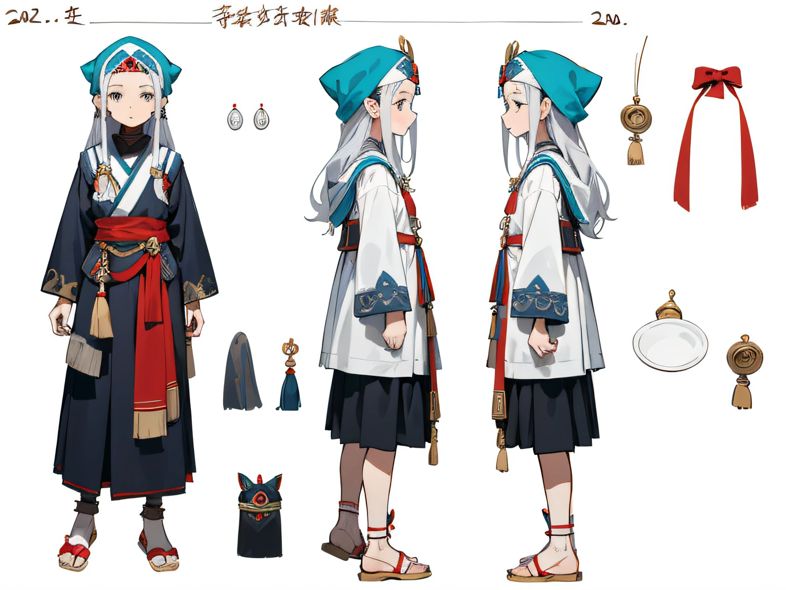 (tmasterpiece,Best quality)Detailed pubic hair,People table,character sheets,Lots of items(+Hmong silver jewelry,HmongCostume,cloth shoes,wearing a hijab,many parts),+A young girl in her 20s,Long gray hair,is a perfect face,author:bange full of details,