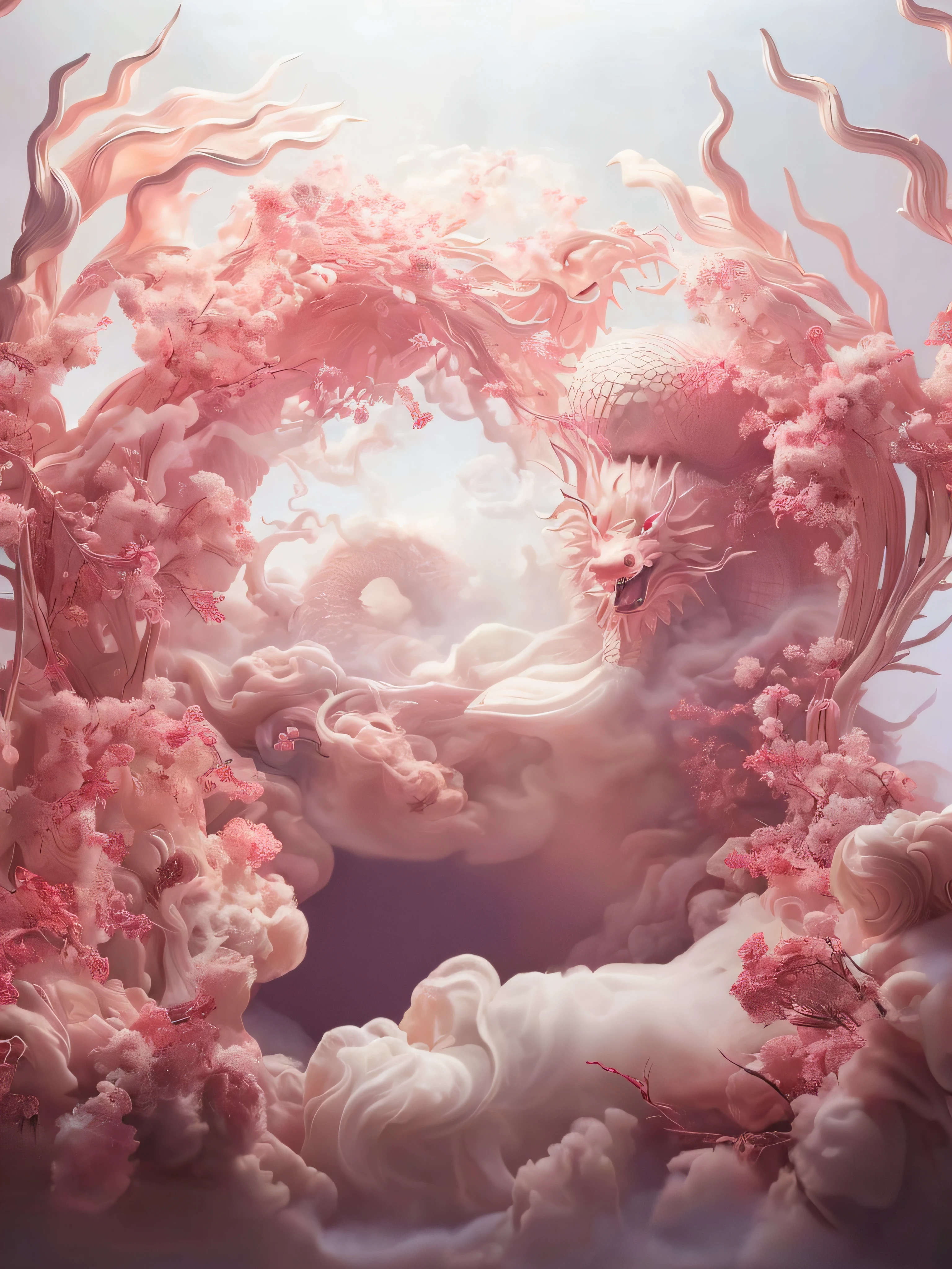 There is a painting，The painting is of a woman wearing a pink dress，surrounded by cloud, Beautiful digital artwork, detailed fantasy digital art, Beeple and James Jean, 4k highly detailed digital art, Very Beautiful Digital Art, beautiful digital art, Complex and gorgeous anime CGI style, chinese fantasy, ultra detailed Digital art, china silk 3d dragon, Extremely detailed digital art, gorgeous digital art