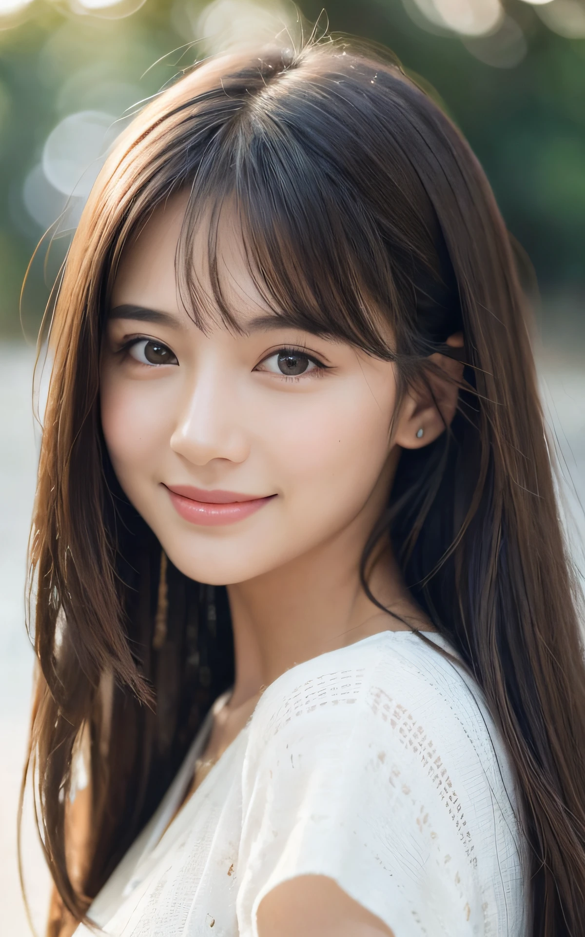 masutepiece, Best Quality, 8K, 1 girl, 20 yo, Closed mouth, Happy smile, close-up, Close-up of face, Solo, Cute, Girly, Delicate girl, Neat and clean beauty, Raw photo, Professional Photography, Portrait, Soft light, Professional Lighting, Back lighting, Look away, looking at away, Sophisticated, Film grain, (Eyes and faces with detailed:1.0), medium length floating hair, Beautiful flowing hair,