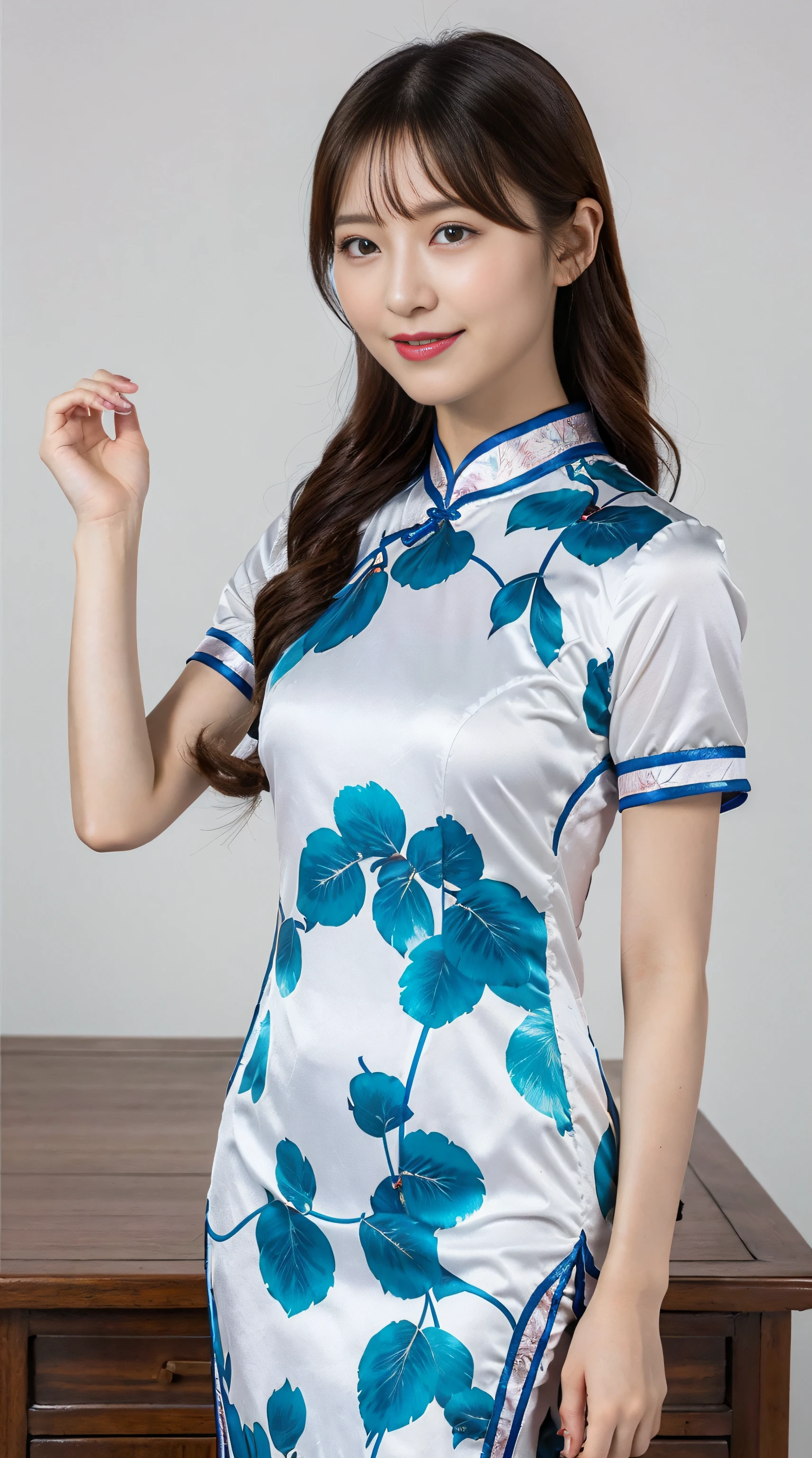 top-quality、Top image quality、Top resolution、Ultra-detailed、Chinese clothes made of thin fabric、Short Sleeve Cheongsam、The material of the cheongsam is satin, shiny, soft and smooth to the touch.、(Tight) Cheongsam、Cheongsam long、Rises to the ankle.、No Underwear、 Breast D Cup、Full-body photography so that the face can be included、One subject、on the beds, Large breasts, Blushing