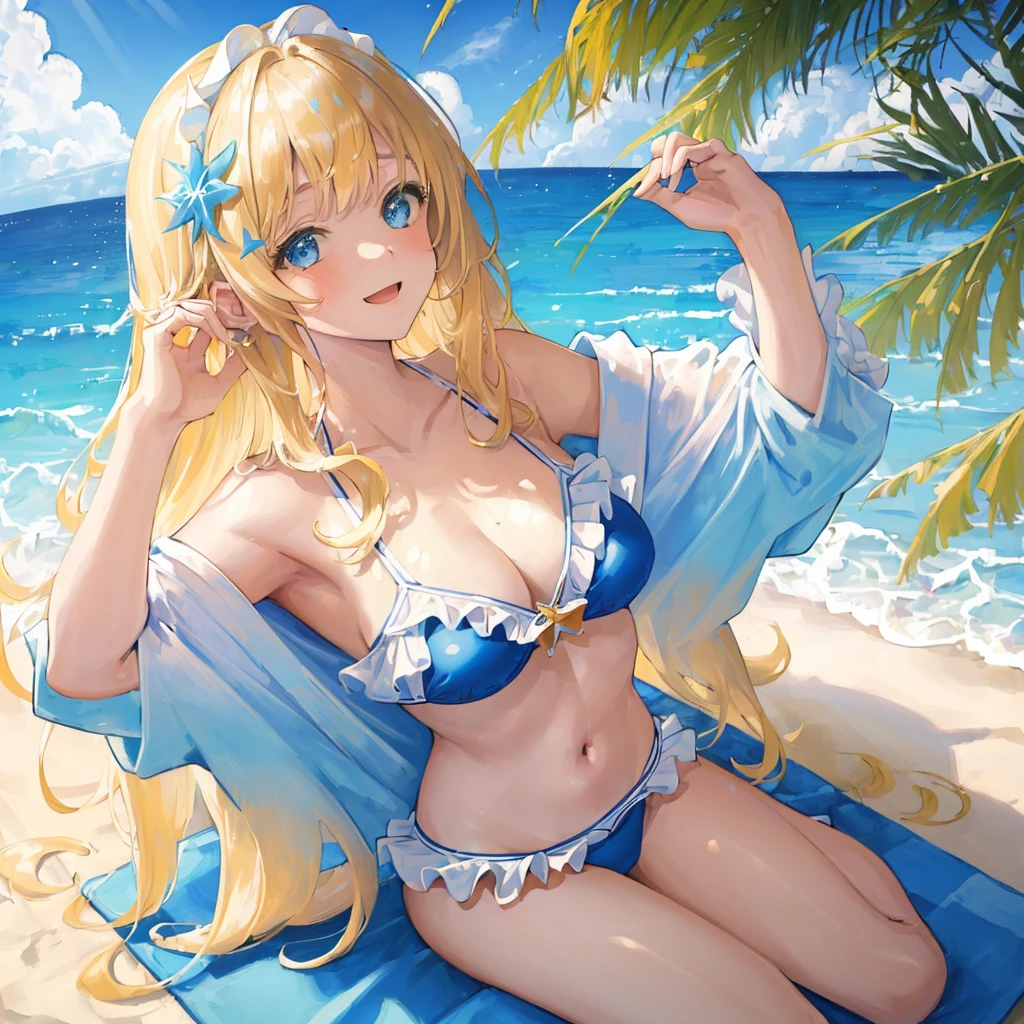 happy,(((masterpiece))),best quality,bathing suit,Beach,((blue sky)),(wariza:1.3),from above,(beautiful detailed girl),long hair,swept bangs,blond hair, (1 girl),hand in own hair,looking up,white frill bikini top