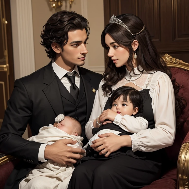 victorian era, 23-year-old man, robusto, curly black hair and 20 year old girl, , fue una pareja, with a 6 month old baby on your lap, cabello rizado, Varias poses y expresiones frente a un cuadrado., Historical novel book illustration style, sencillo, long chestnut brown hair, Chaquetas individuales, formal, Colores claros. Hablando con el padre de tu esposa, caballero mayor, de nobleza, Short brown hair, mirada seria, in a room inside a mansion