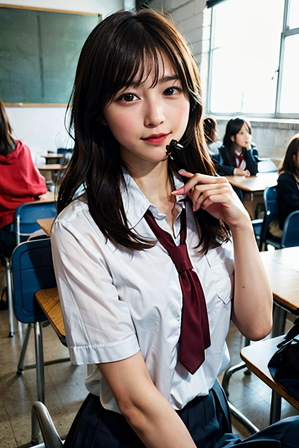 Highest image quality, excellent details, Ultra-high resolution, (fidelity: 1.4), The best illustrations, pointing it downwards、favor details, Highly condensed 1girl, with a delicate and beautiful face, High School Uniforms、 8K、holding a directional controller, a small face、The background is the classroom