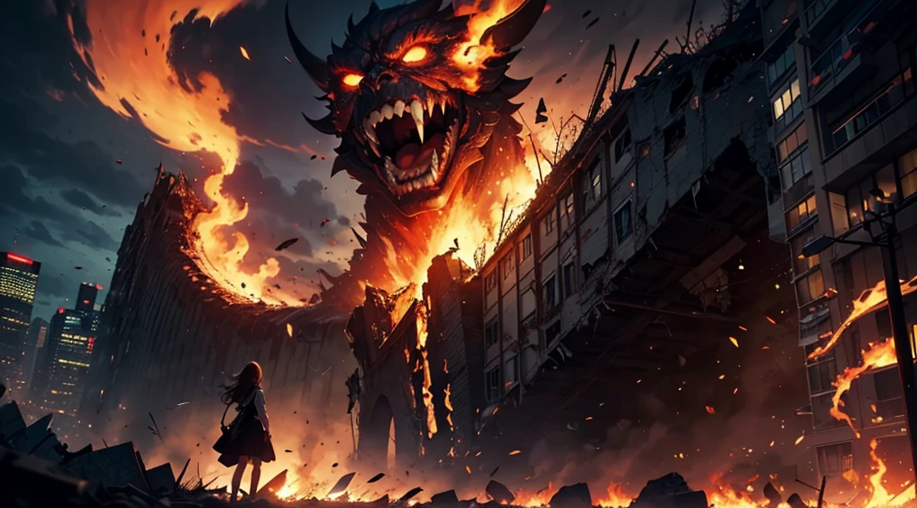 (in 8K, RAW Photos, top-quality, masterpiece:1.2), (realisitic, Photorealsitic:1.37), ultra-detailliert, high resolution, Huge Monster, Beautiful 15-year-old girl with a gigantic monster in tow in devastated Newyork, A Beautiful girl who controls a monster, A Beautiful girl and a monster destroy the city, terrified expression,building crumbling, Burning flame, stunningly beautiful face, dynamic ungle
