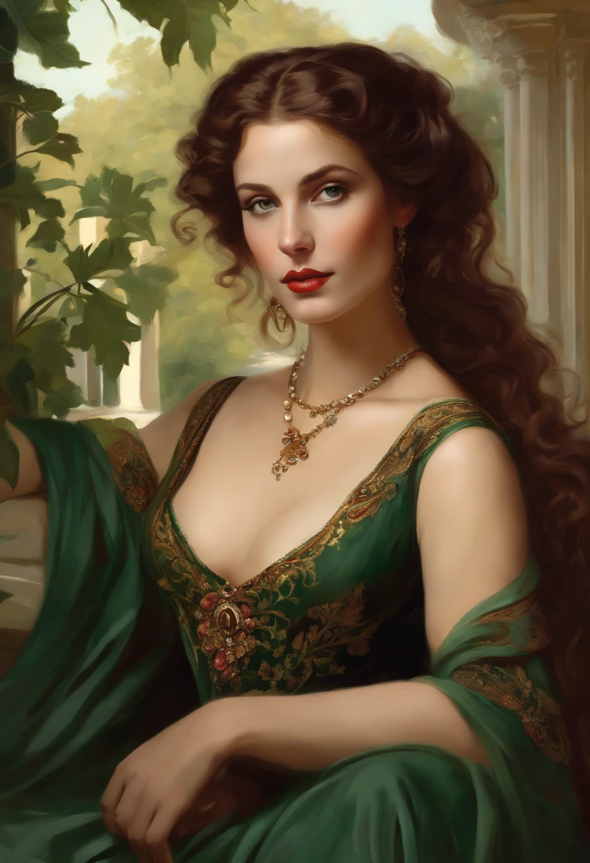 Painting of a beautiful and sexy woman, green eyes, ((with long medusa hair, falling over her shoulders)) and an embroidered dress, ((Spanish gypsy, from the Victorian Era)), ((Vivien Leigh style)), wearing a burgundy dress with a black V-neck corset and embroidery, in the background the garden of Versailles, Bowater art style, baroque digital painting, Renaissance digital painting, masterpiece! inspired by Franz Xaver Winterhalter, inspired by Friedrich von Amerling, beautiful character painting, beautiful digital painting, inspired by Thomas Lawrence, beautiful yywater painting, refraction, reflections, mirrors, prisms, sunlight, bright lights!! Complex, elegant, highly detailed digital painting, art station, concept art, sharp and soft focus, illustration, art by ( ( ( ( Artgerm ) ) ) ) and ( Greg Rutkowski )! and (((Alphonse Mucha))), eyes reflecting in eyes reflecting to infinity