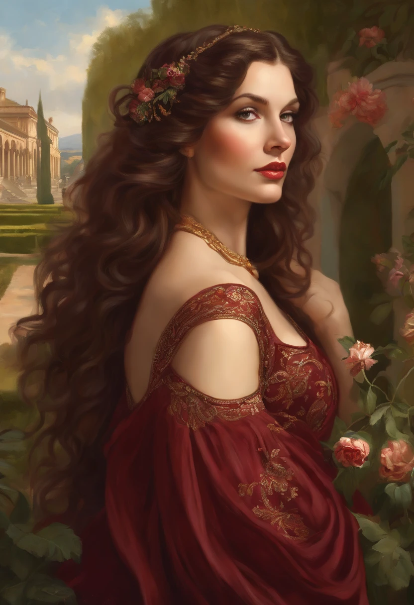 Painting of a beautiful and sexy woman, green eyes, ((with long medusa hair, falling over her shoulders)) and an embroidered dress, ((Spanish gypsy, from the Victorian Era)), ((Vivien Leigh style)), wearing a burgundy dress with a black V-neck corset and embroidery, in the background the garden of Versailles, Bowater art style, baroque digital painting, Renaissance digital painting, masterpiece! inspired by Franz Xaver Winterhalter, inspired by Friedrich von Amerling, beautiful character painting, beautiful digital painting, inspired by Thomas Lawrence, beautiful yywater painting, refraction, reflections, mirrors, prisms, sunlight, bright lights!! Complex, elegant, highly detailed digital painting, art station, concept art, sharp and soft focus, illustration, art by ( ( ( ( Artgerm ) ) ) ) and ( Greg Rutkowski )! and (((Alphonse Mucha))), eyes reflecting in eyes reflecting to infinity