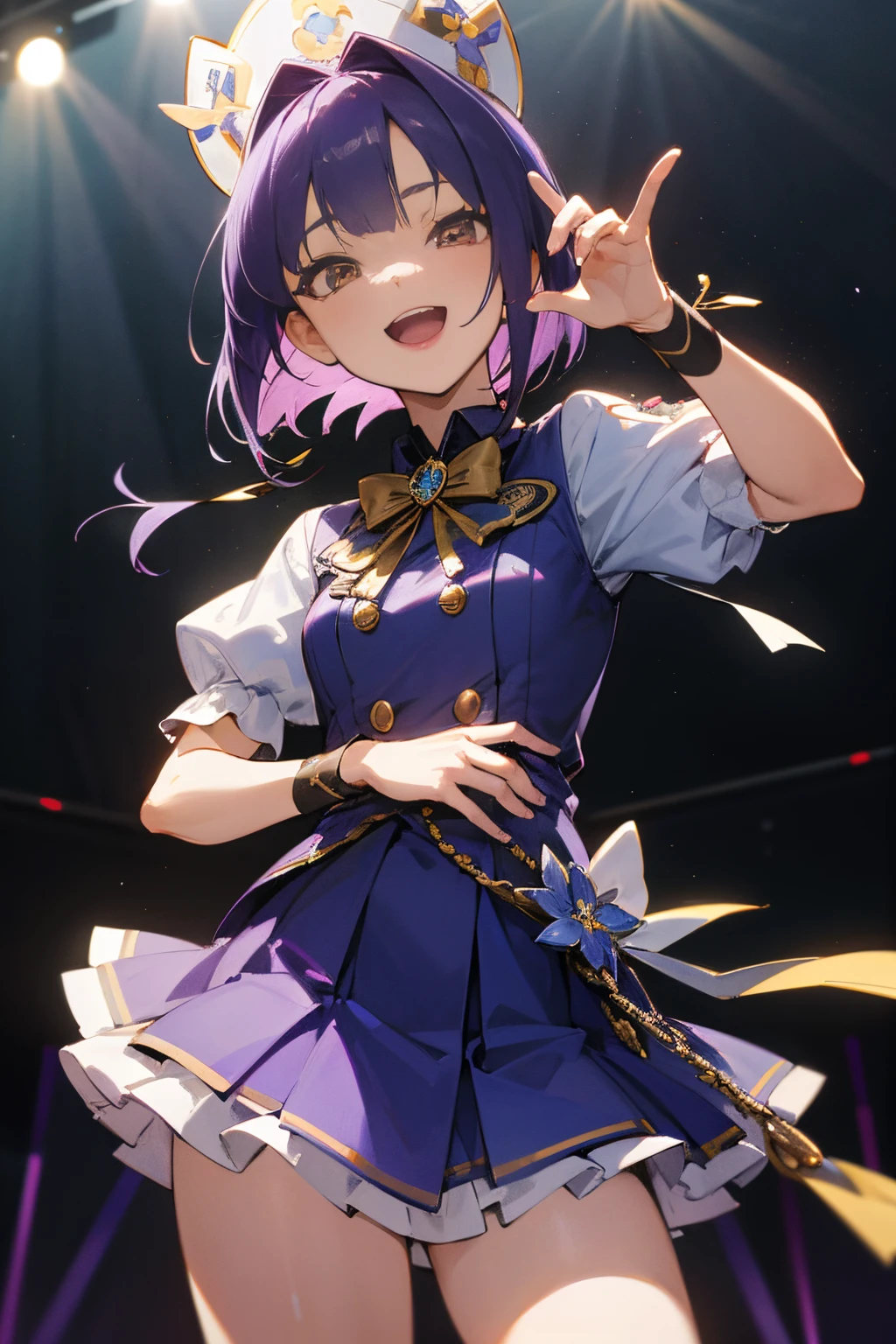 ​masterpiece, top-quality, Hi-Res,, 独奏, cowboy  shot, on a stage, holding the mic, A smile, open open mouth,Clear face、dark purple hair、Golden eyes、a miniskirt、White and blue idol costume、Idol stage