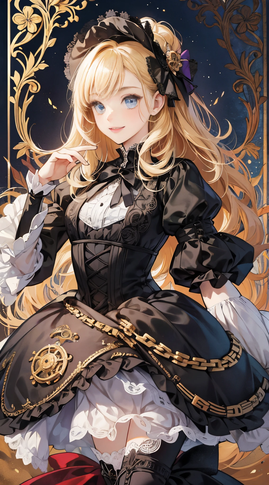 woman wearing dress and boots , baroque dress, in detailed steampunk dress, an elegant gothic princess, victorian gothic lolita fashion, Historical Baroque Dress Dark, black gothic lolita dress, fantasy style clothing, rococo dress, black rococo, classical witch, fantasy outfit, wearing a gothic dress, romantic dress, gothic dress,a blond,15yo student,(((Upper body portrait)))A smile,odd eye