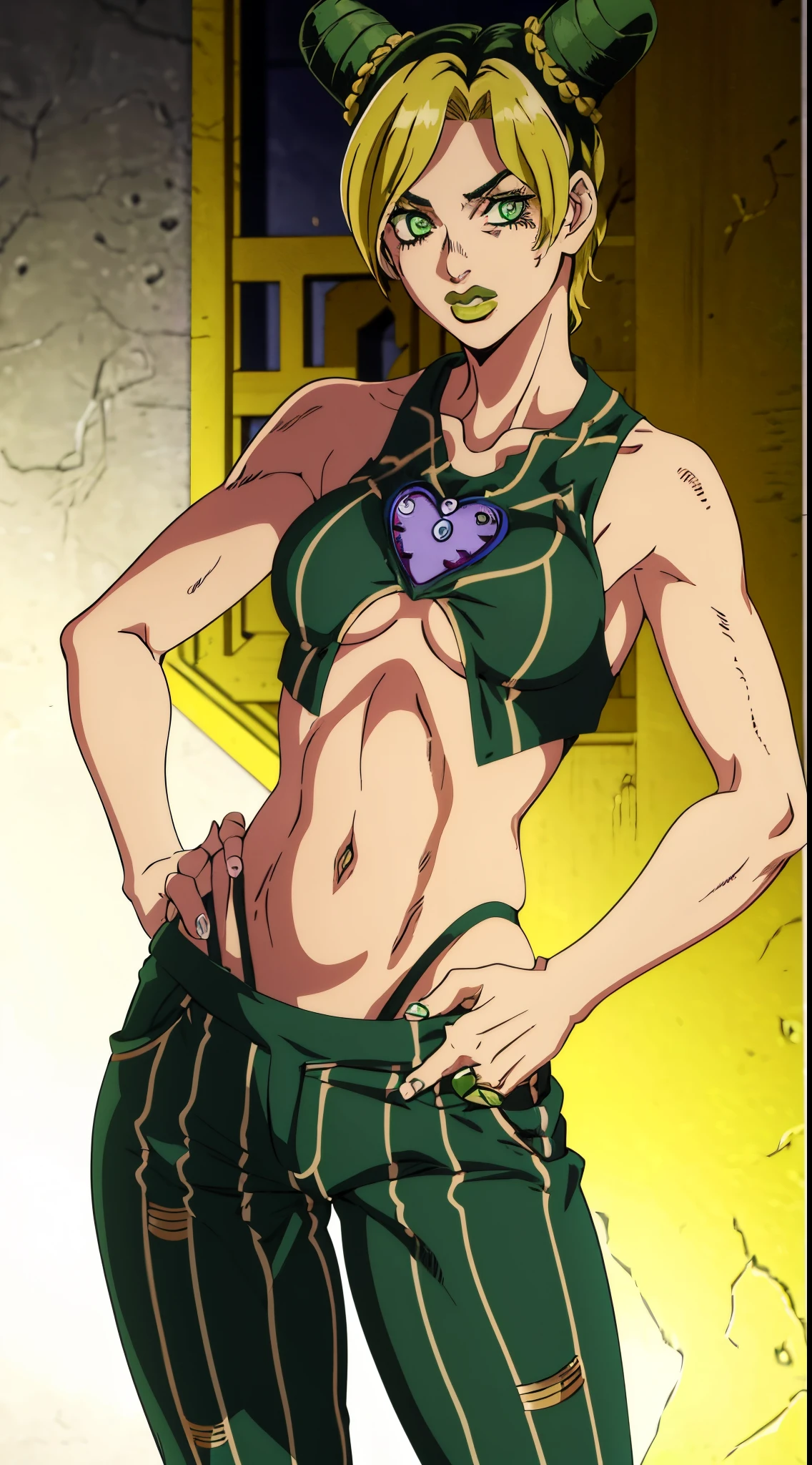 1girl, solo, jolyne, green eyes, lips, looking at viewer, halterneck, crop top, pants, hands on hips, contrapposto, background, cowboy shot, short hair