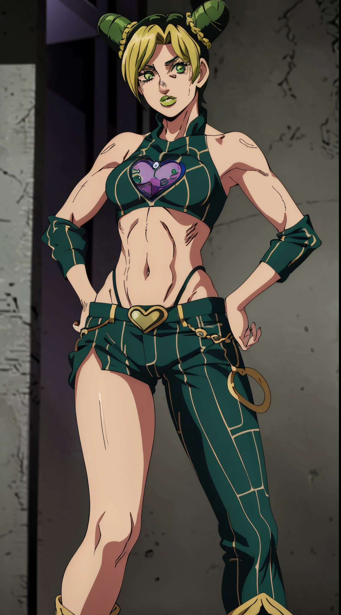 1girl, solo, jolyne, green eyes, lips, looking at viewer, halterneck, crop top, pants, hands on hips, contrapposto, background, cowboy shot, short hair