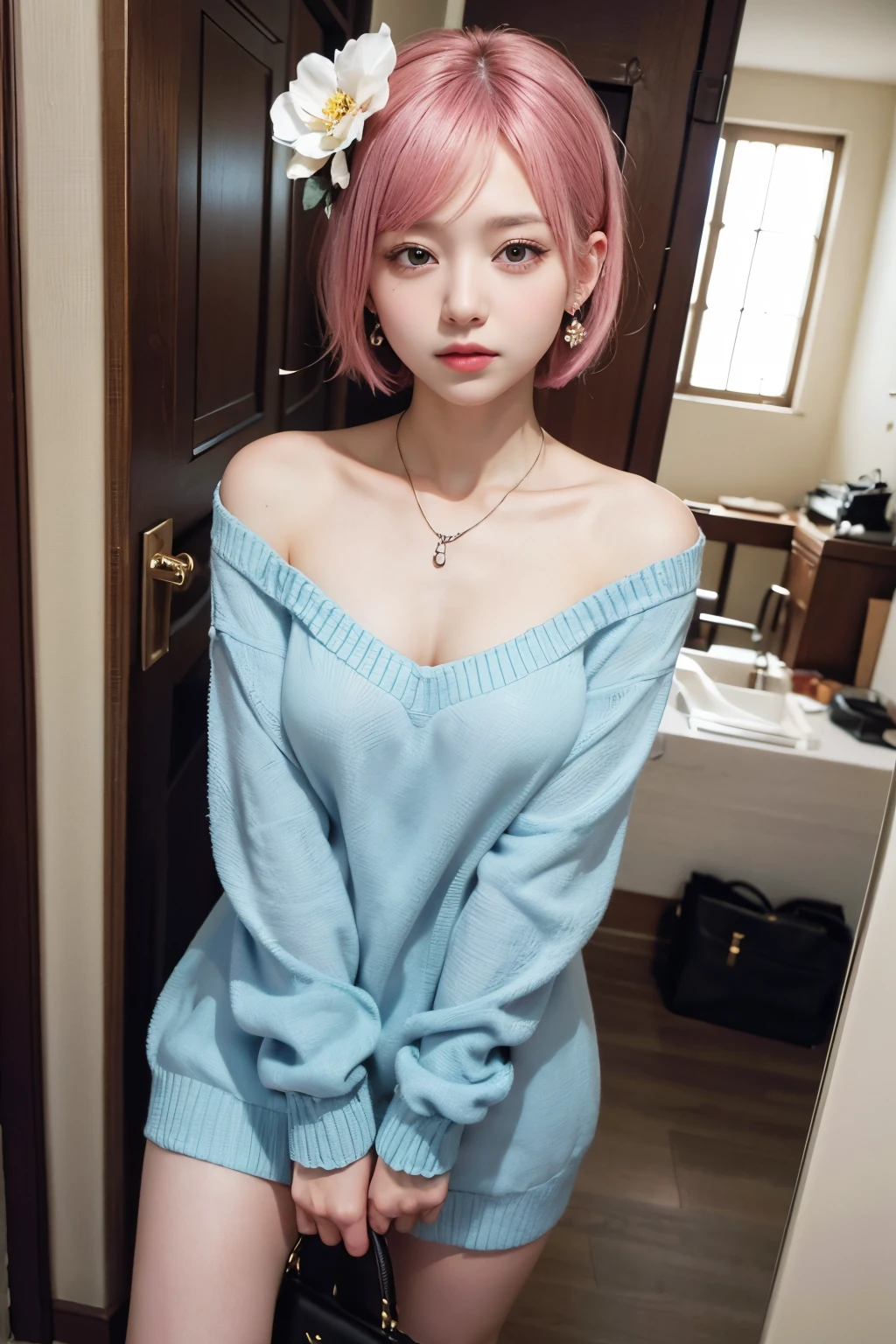 8K, top-quality, masterpiece:1,2), (reallistic, Phot is orealsitic:1.37), Super Detail, One girl,), (Highly detailed), (beautifully detailed eyes), (of the highest quality), (super detailed ), (masterpiece), (Detailed face),20yr old, ,1 girl, full body, pink hair,Very short hair, medium breasts, clothed, Perfect Lighting, looking at viewer, aroused face, naughty face, Wedding, pale blue sweater dress, necklace, hair ornament, earrings, handbag, flower hair ornament, standing, one leg weight
