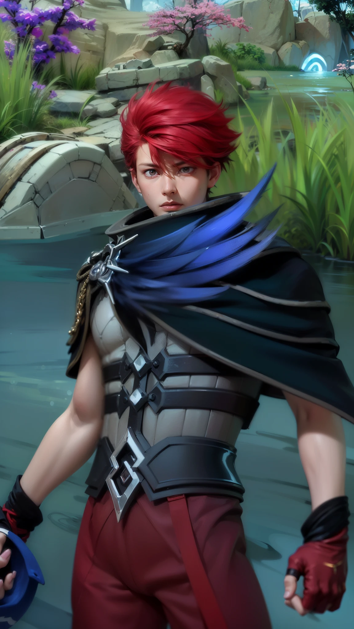 masculine male, masterpiece, ((perfect eyeest quality, (semirealism:1.9), beautiful lighting, (extremely detailed CG unity 4k fhd wallpaper), High Detail, Sharp focus, dramatic outdoors, 1 boy ,19 years old, red hair, light red eyes.