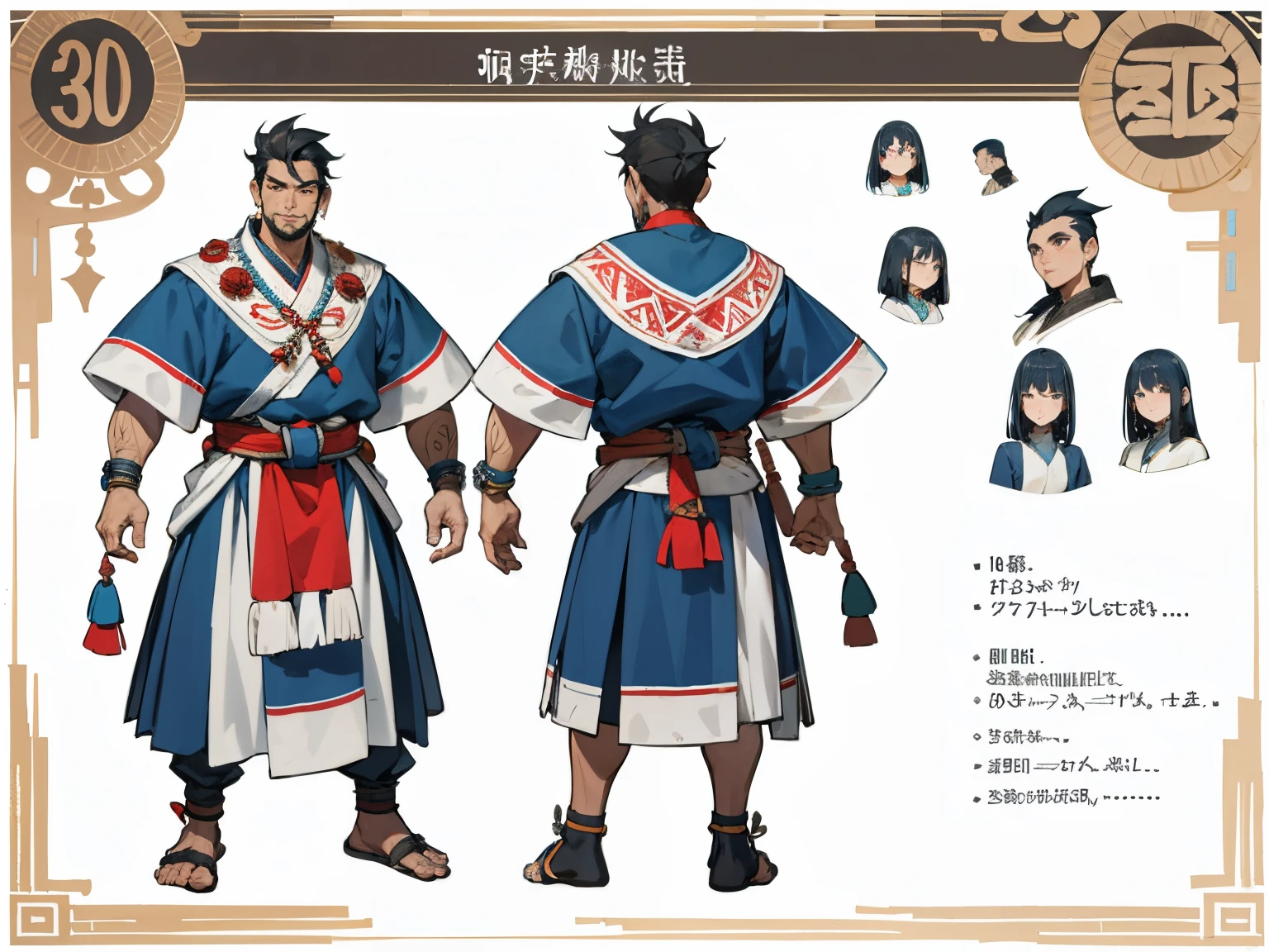 （tmasterpiece，best qualtiy）A detailed，People table，Character sheet，Lots of items（+Hmong silver jewelry，Miao people wear，many partan in his 30s，Strong physique，short detailed hair，full of strength，be full of details，Aztec style