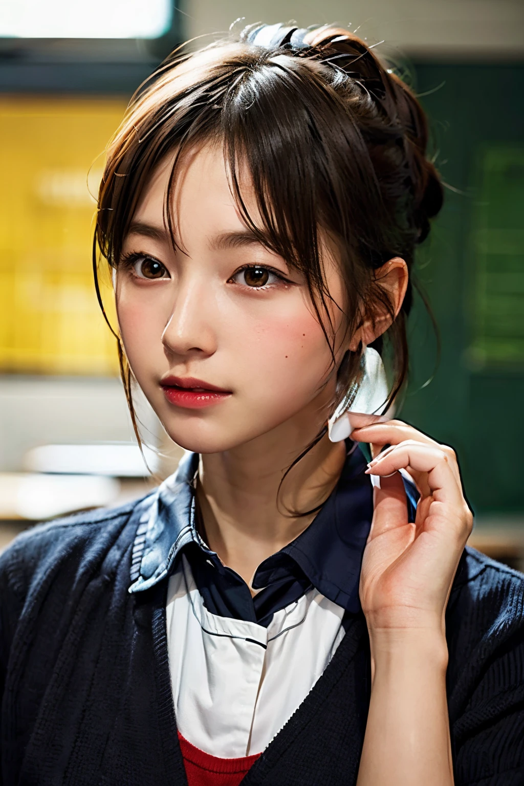 Highest image quality, excellent details, Ultra-high resolution, (fidelity: 1.4), The best illustrations, favor details,tie your hair up、 Highly condensed 1girl, with a delicate and beautiful face, High School Uniforms、 8K、holding a directional controller,  a small face、The background is the classroom
