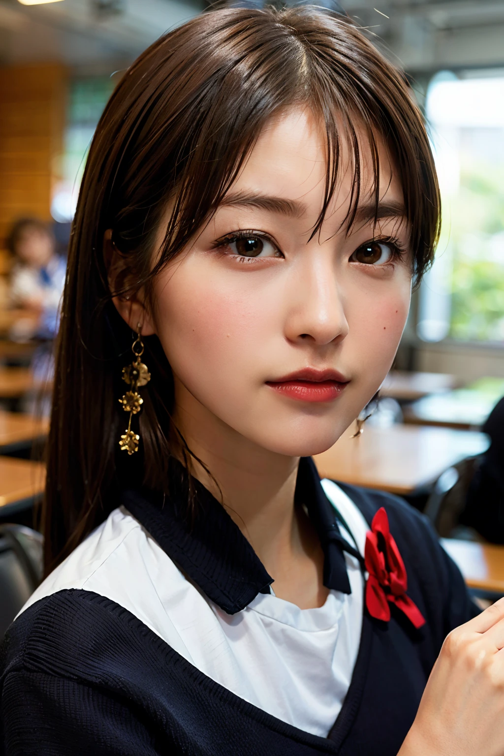 Highest image quality, excellent details, Ultra-high resolution, (fidelity: 1.4), The best illustrations, favor details,tie your hair up、 Highly condensed 1girl, with a delicate and beautiful face, High School Uniforms、 8K、holding a directional controller, a small face、The background is the classroom