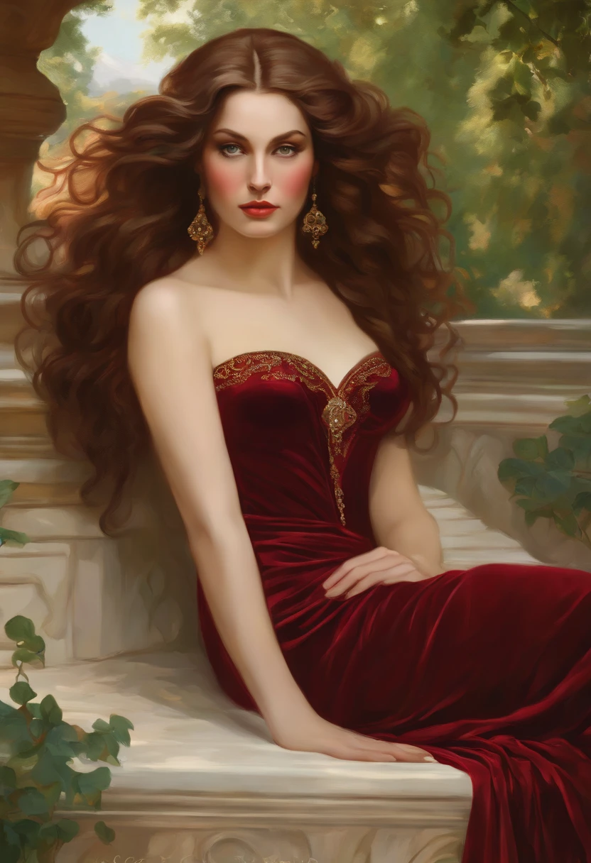 Painting of a beautiful and sexy woman, green eyes, ((with long medusa hair, falling over her shoulders)) and an embroidered dress, ((Spanish gypsy, from the Victorian Era)), ((Vivien Leigh style)), wearing a burgundy dress with a black V-neck corset and embroidery, in the background the garden of Versailles, Bowater art style, baroque digital painting, Renaissance digital painting, masterpiece! inspired by Franz Xaver Winterhalter, inspired by Friedrich von Amerling, beautiful character painting, beautiful digital painting, inspired by Thomas Lawrence, beautiful yywater painting, refraction, reflections, mirrors, prisms, sunlight, bright lights!! Complex, elegant, highly detailed digital painting, art station, concept art, sharp and soft focus, illustration, art by ( ( ( ( Artgerm ) ) ) ) and ( Greg Rutkowski )! and (((Alphonse Mucha))), eyes reflecting in eyes reflecting to infinity