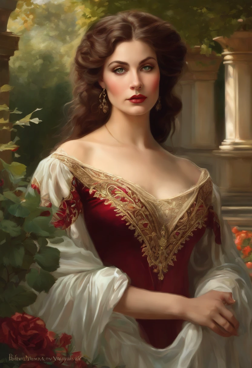 Painting of a beautiful and sexy woman, green eyes, ((with long medusa hair, falling over her shoulders)) and an embroidered dress, ((Spanish gypsy, from the Victorian Era)), ((Vivien Leigh style)), wearing a burgundy dress with a black V-neck corset and embroidery, in the background the garden of Versailles, Bowater art style, baroque digital painting, Renaissance digital painting, masterpiece! inspired by Franz Xaver Winterhalter, inspired by Friedrich von Amerling, beautiful character painting, beautiful digital painting, inspired by Thomas Lawrence, beautiful yywater painting, refraction, reflections, mirrors, prisms, sunlight, bright lights!! Complex, elegant, highly detailed digital painting, art station, concept art, sharp and soft focus, illustration, art by ( ( ( ( Artgerm ) ) ) ) and ( Greg Rutkowski )! and (((Alphonse Mucha))), eyes reflecting in eyes reflecting to infinity