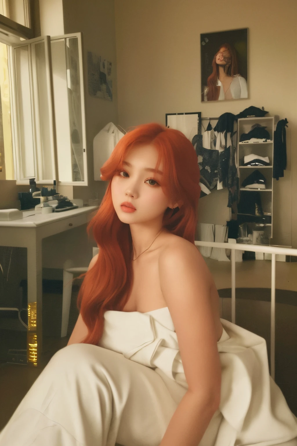 there is a woman sitting on a bed with a white towel, ela tem cabelos longos e redorange, Anna Nikonova aka Newmilky, monia merlo, Ellie Bamber Fada, ela tem cabelos ruivos, Redhead Girl, flowing ginger hair, com cabelos ruivos, cabelo de gengibre, Ellie Bamber, Yelena Belova, Deusa dos cabelos ruivos, Ela tem longos cabelos castanhos alaranjados, jennie kim, jennierubyjane, blackpink, jennie do Blackpink