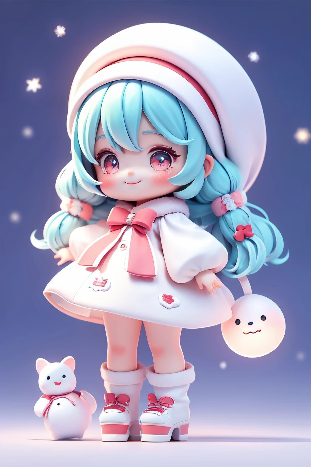 Cute girl doll dressed as snowman, smiling, chibi doll, stars in eyes (sparkles), eye up, laughing together, cute red shoe okonitide, ultra detail, radiant, bioluminescent, shot from side, stronger bokeh effect, snowflake, white costume