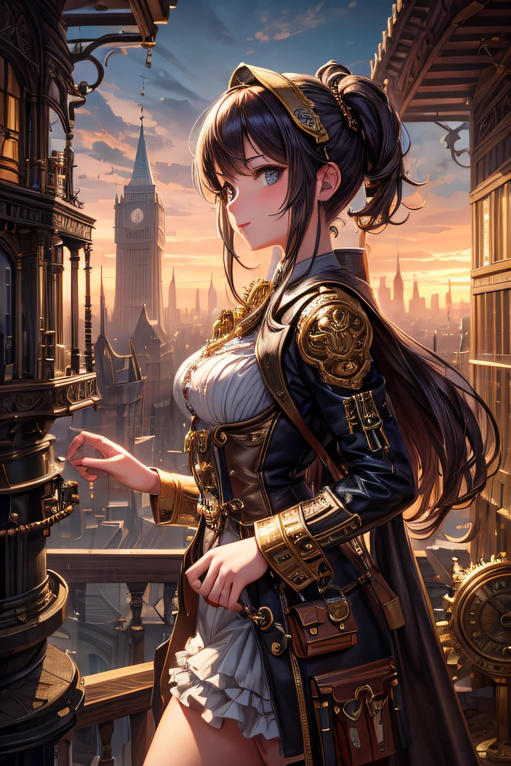 Create an illustration depicting a little girl overlooking a steampunk cityscape. The girl should be standing in a vantage point, Rooftops, bridges, etc., Look down on the intricately designed steampunk city below. The cityscape should be meticulous and detailed, Showcase the intricacies of gears, pipes, And glamorous architecture. Her expression was、It should be one of the surprises and curiosities when observing a bustling city full of mechanical wonders, blimp, And glamorous architecture. Surround the scene with a warm atmosphere, Golden light to enhance the atmosphere, Emphasize brass and copper tones of steampunk elements. Capturing the adventurous spirit and charm in the eyes of a girl, Reflecting the charm of the fantastic steampunk world around her. The whole illustration should have a nostalgic vibe, Girl smiles. highly detailed, vibrant appearance, creative behavior, extremly detailed, imaginative, sensual, spontaneous, highest quality, skin texture, intricate details, (cinematic lighting), RAW photo, 8k, masterpiece,best quality,ultra-detailed,very detailed illustrations,extremely detailed,intricate details,highres,super complex details,extremely detailed 8k cg wallpaper,