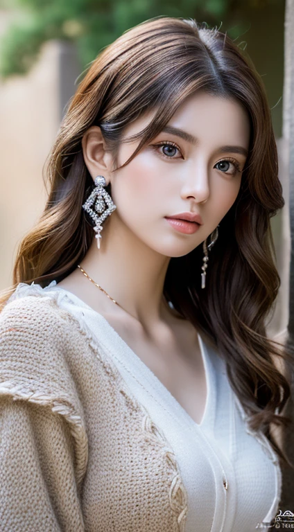 A girl named Rin,((Realisticity: 1.2)), ((The highest resolution: in 8K,UHD)), Best Quality,masutepiece,hight resolution,nffsw, ((1 super detailed and ultra-realistic girl)), ((The dazzling of a very beautiful queen, Super realistic, and ultra detailed)),((White skin, Beautiful, Smooth, zora々Right, hyper realistic and hyper detailed )), Long hair, Solo, ((Super realistic, Super beautiful, Gorgeous and ultra-detailed jewelry)), ((Super beautiful, Super realistic and super detailed white sweater and blue jeans)), ((Super beautiful, Super realistic, Ultra Detailed Diamond Filled Earrings)), ((Super beautiful, Ultra-realistic and ultra-detailed diamond-filled hair ornament)), ((Super beautiful whole body, Super beautiful, hyper realistic and hyper detailed)), ((Oversized, Super realistic and super detailed Fukuoka castle ruins)) ((Super beautiful, Super beautiful, Ultra-realistic and ultra-detailed hair van)), ((Super beautiful, Ultra-realistic and ultra-detailed brown hair)), ((Asian Women))Candid, photograph, High resolution, in 8K,4K,Bokeh,fluffy knits and jeans