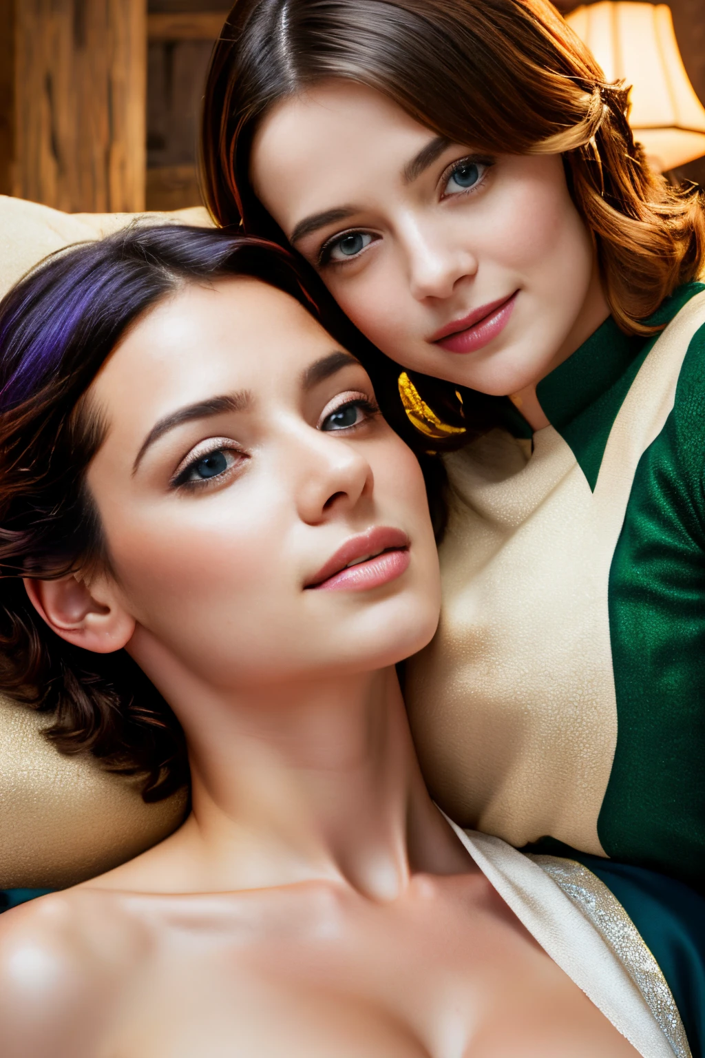 The cover of the (Mediaeval Fantasy) lesbian romance novel features a vibrant and captivating image that instantly captures attention. Against a backdrop of (Pillow), two women embrace, their bodies leaning towards each other with an undeniable chemistry. Their eyes reflect a mix of longing and tenderness, revealing the depth of their connection. Their diverse appearances celebrate the beauty of representation, as one woman is masculine, has short, vibrant hair and a confident expression, while the other exudes elegance and warmth. The cover art encapsulates the essence of love, inclusivity, and the exploration of passion between two women, inviting readers into an exciting (Medieval Fantasy) world of (Bigger and Big).`
fill in the (busty)!beautiful, elegant, smooth, shiny, detailed eyes, perfect face, perfect eyes, (ultra high res,photorealistic,realistic,best quality,photo-realistic), (8k, raw photo, best quality, masterpiece), ((nsfw)), (photon mapping, radiosity, physically-based rendering,automatic white balance), technological sense, best quality, masterpiece, illustration,CG ,unity ,wallpaper, official art, Amazing, finely detail, an extremely delicate and beautiful,extremely detailed, highly detailed, sharp focus,rich background,blurry background, (real person,photograph), (((high detailed skin,visible pores))), (((face close-up))), ((small breasts)),Her face is like a delicate flower, with soft, gentle features that exude warmth and kindness. Her eyes are a deep shade of brown, warm and welcoming, and her lashes are long and thick, framing her eyes in a way that draws you in. Her lips are full and pink, with a natural curve that makes her smile all the more inviting. When she speaks, her voice is soft and soothing, and you can't help but feel at ease in her presence.