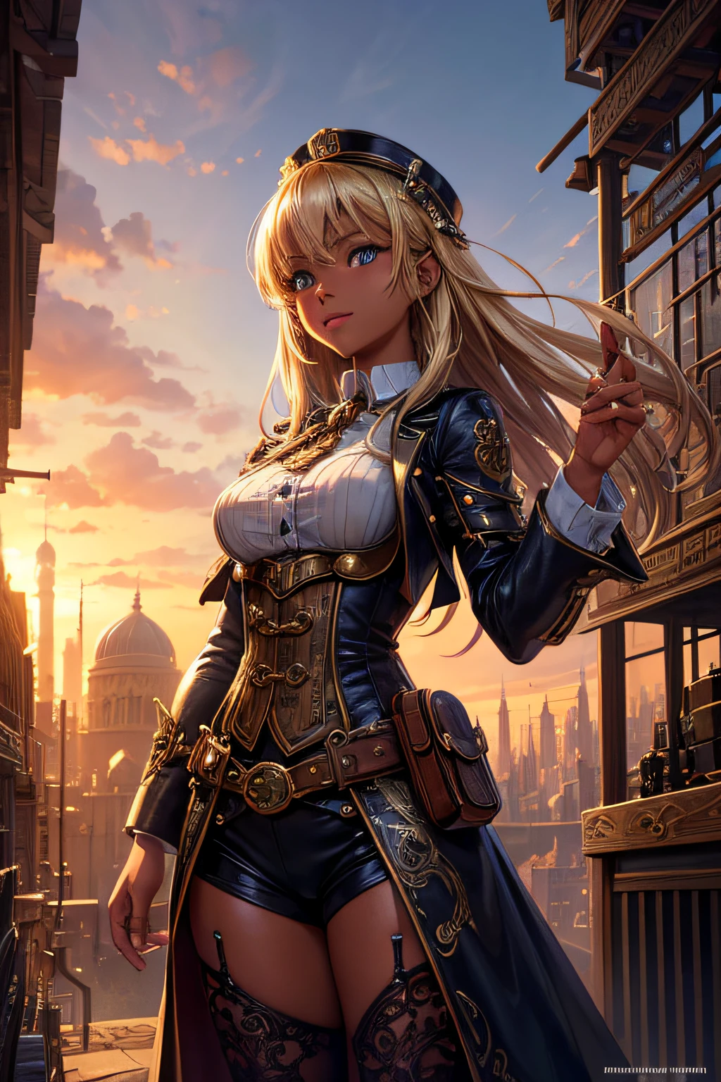 Create an illustration depicting a little girl overlooking a steampunk cityscape. The girl has dark skin, blonde hair and shiny blue eyes. The girl should be standing in a vantage point, Rooftops, bridges, etc., Look down on the intricately designed steampunk city below. The cityscape should be meticulous and detailed, Showcase the intricacies of gears, pipes, And glamorous architecture. Her expression was、It should be one of the surprises and curiosities when observing a bustling city full of mechanical wonders, blimp, And glamorous architecture. Surround the scene with a warm atmosphere, Golden light to enhance the atmosphere, Emphasize brass and copper tones of steampunk elements. Capturing the adventurous spirit and charm in the eyes of a girl, Reflecting the charm of the fantastic steampunk world around her. The whole illustration should have a nostalgic vibe, Girl smiles. highly detailed, vibrant appearance, creative behavior, extremly detailed, imaginative, sensual, spontaneous, highest quality, skin texture, intricate details, (cinematic lighting), RAW photo, 8k, masterpiece,best quality,ultra-detailed,very detailed illustrations,extremely detailed,intricate details,highres,super complex details,extremely detailed 8k cg wallpaper,