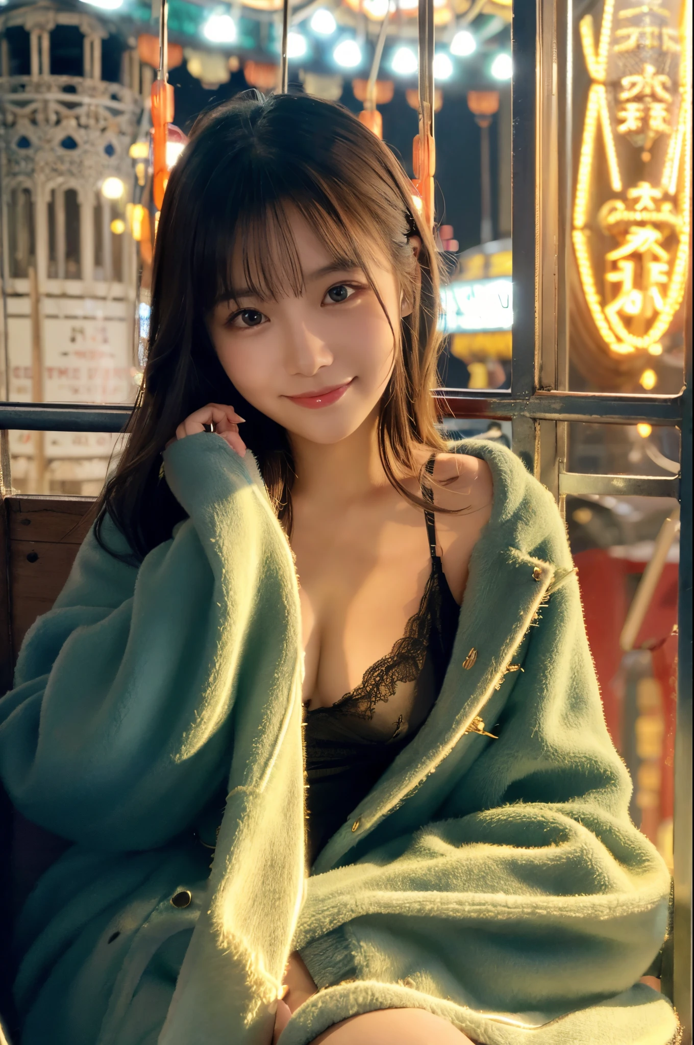 ulzzang -6500-v1.1, (Raw photo:1.2), (Photorealsitic), a beautiful detailed girl, (Real: 1.4), extremely detailed eye and face, beatiful detailed eyes, ((sitting inside the ferris wheel at night:1.3)), ((Thick coat:1.3))、selfee、Instagram、game_nffsw, huge filesize, hight resolution, ighly detailed, top-quality, [​masterpiece:1.6], illustratio, ighly detailed, nffsw, finely detail, top-quality, 8k wallpaper, Cinematographic lighting, 1girl in, 17 age, perfect body type, cute droopy eyes beautiful big eyes、Pieckfinger, ((masutepiece)), Best Quality, 1girl in, eye shadow,  Portrait, ((FULL BODYSHOT:1.4))、(Very affectionate smile:1.2)、((Small breasts)), realistic skin textures、shinny skin、Exposed thighs!!!