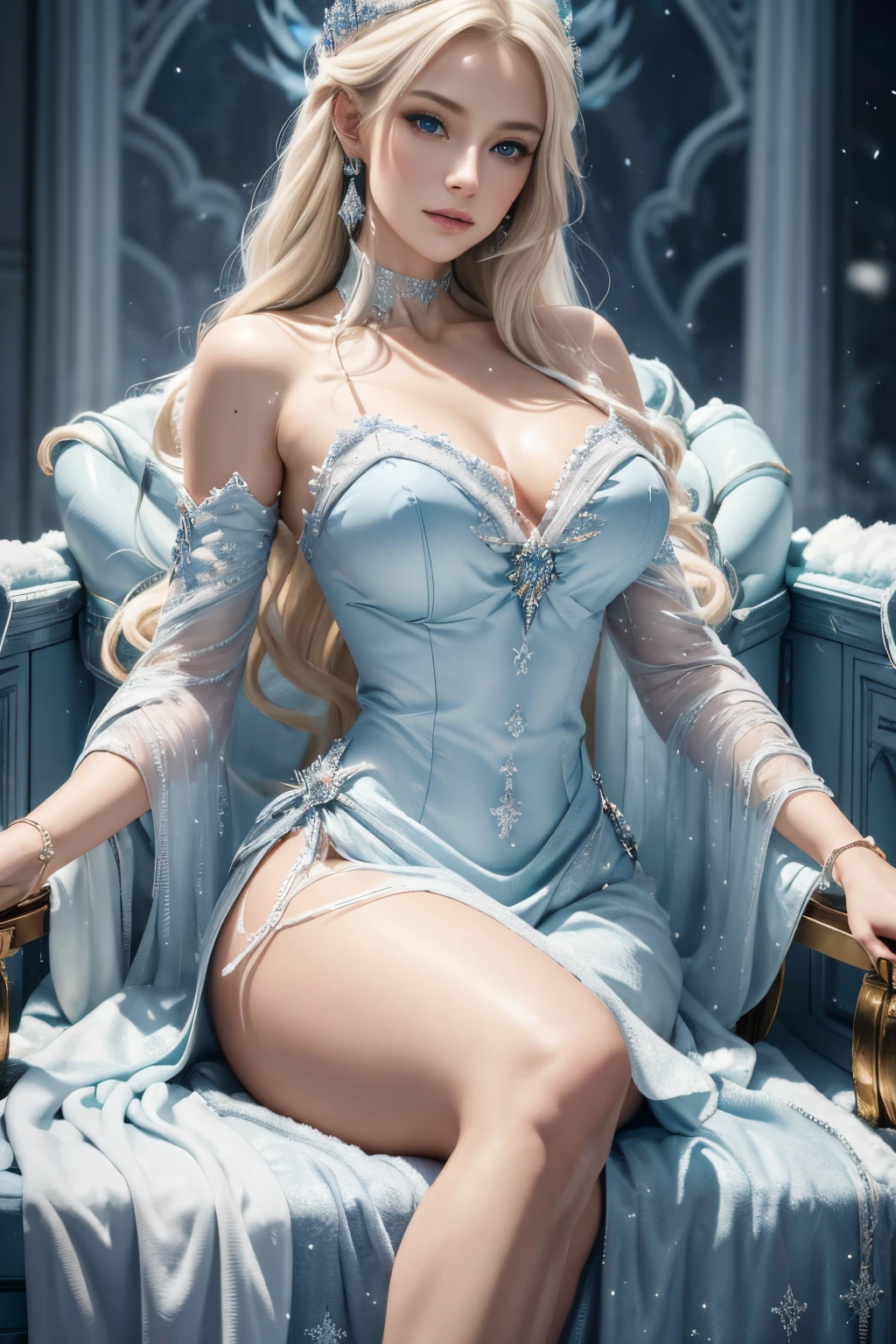 (best quality,4k,highres,masterpiece:1.2),ultra-detailed,realistic ,portrait,colorful,studio lighting,ice plate armor,blonde hair,blue eyes,beautiful detailed face,sparkling ice castle,icy landscape,glistening snow,queenly pose,winter magic, elegant dress, throne room, majestic atmosphere, magical powers, snowflake patterns, mystical aura, regal and graceful, enchanting beauty, frosty breath, icy blue color palette, halo of light