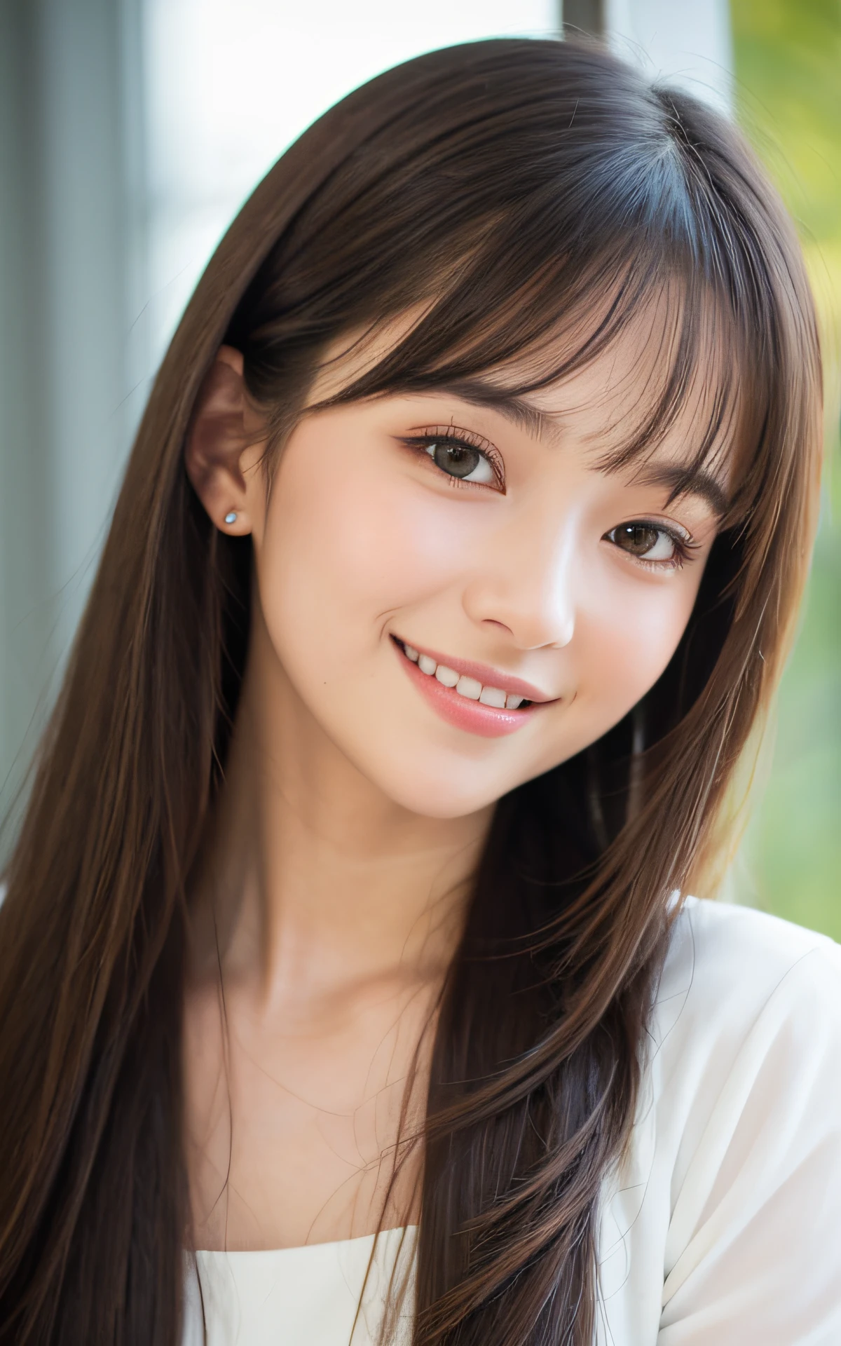 masutepiece, Best Quality, 8K, 1 girl, 20 yo, Closed mouth, Happy smile, close-up, Close-up of face, Solo, Cute, Girly, Delicate girl, Neat and clean beauty, Raw photo, Professional Photography, Portrait, Soft light, Professional Lighting, Back lighting, Look away, looking at away, Sophisticated, Film grain, (Eyes and faces with detailed:1.0), medium length floating hair, Beautiful flowing hair, Bangs