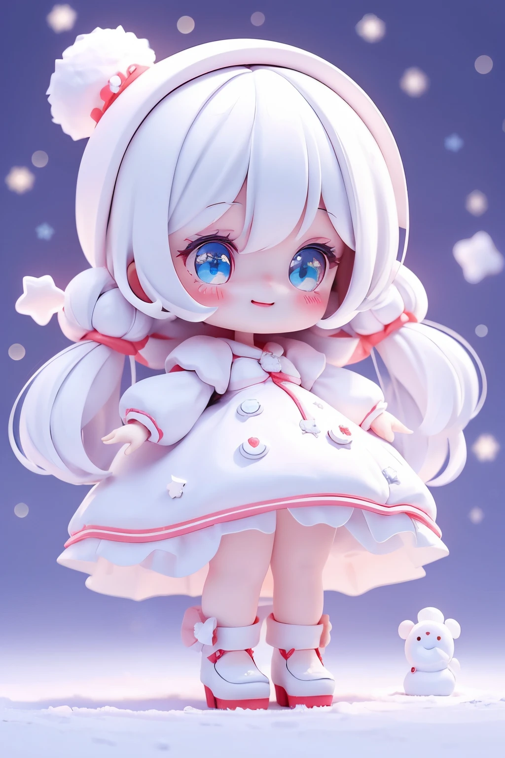 Cute girl doll dressed as a pure white snowman, smiling, chibi doll, stars in eyes (sparkles), eye up, laughing together, cute red shoe oconitide, ultra detail, radiant, bioluminescent, shot from the side, stronger bokeh effect, snowflake,