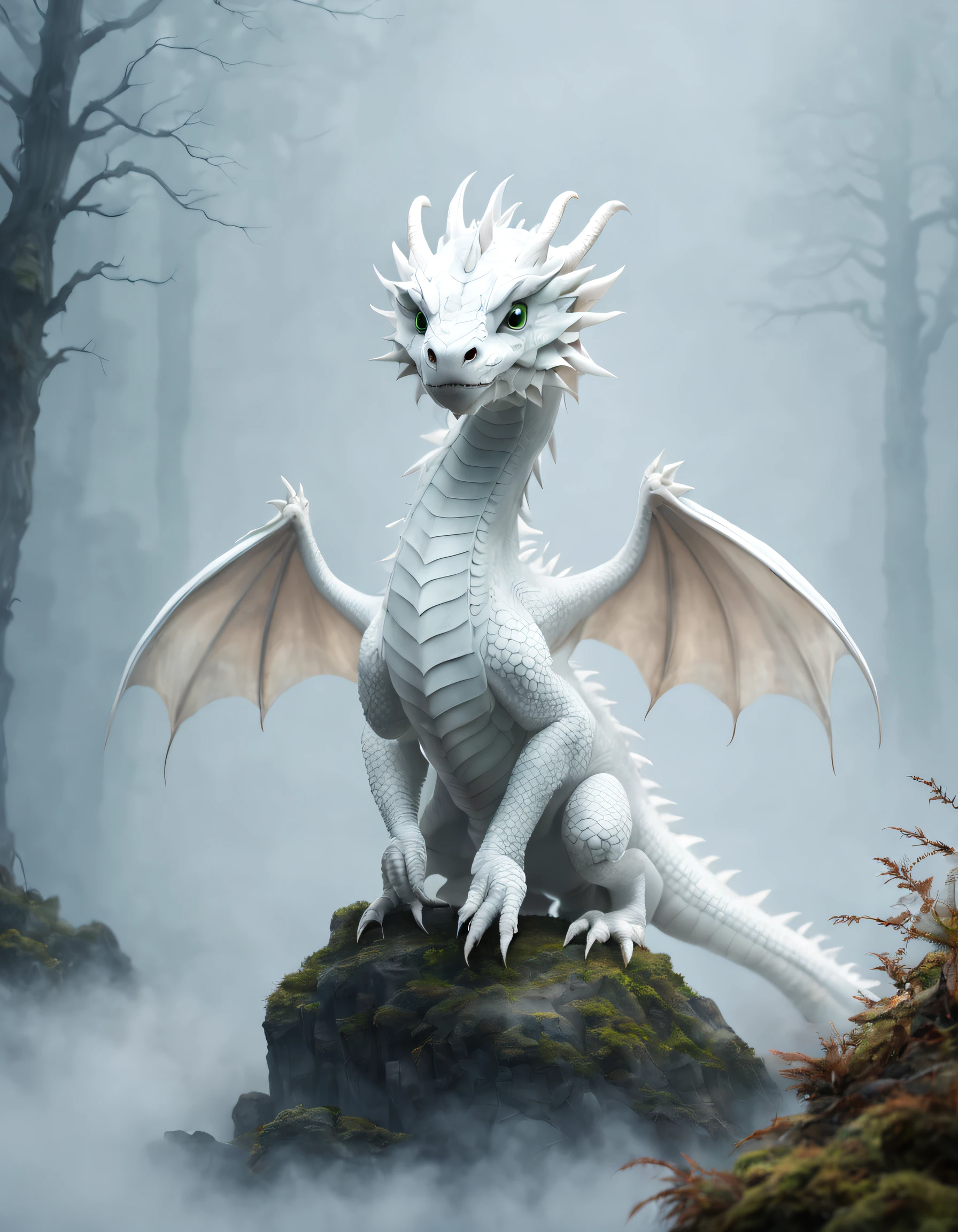 Cute little white dragon in the fog