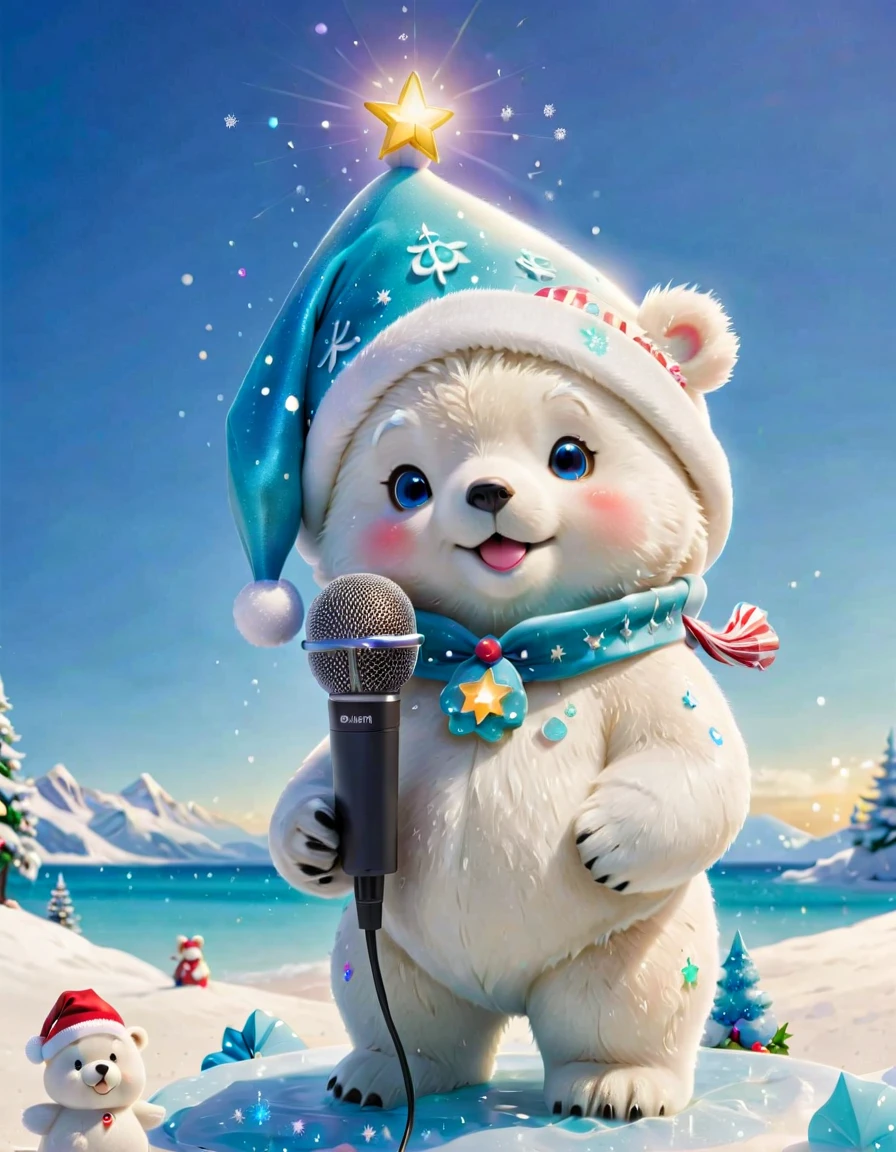 ((1 glowing magical cute Christmas polar bear，Wearing a Christmas hat，围巾，Lunette de soleil))，((Singing with a microphone)), ((Syllable symbols floating in the air))，christmas ornaments, glittery, Floating particles，yuki，blue-sky, 8K, Irridescent color, kawaii, cute big breasts, number art, high qulity, The is very detailed, 3Drenderingof，Bright colorinimalist style，Disney  style，translucent
