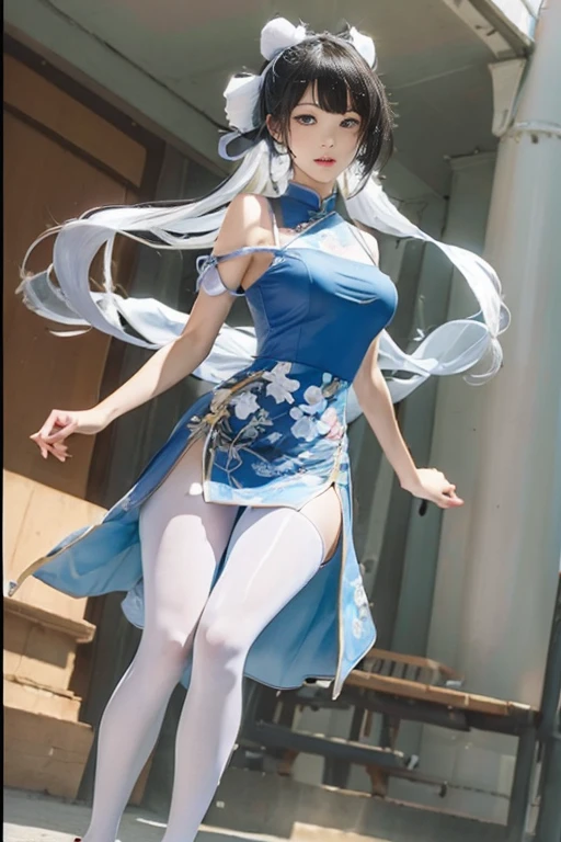 Blue cheongsam,Ball head,White ass pantyhose,White stockings,Thick white pantyhose,Thick white dancing socks,without wearing shoes,huge tit,Cocked buttocks,Super detail,hyper HD,A high resolution,1080p,Anatomically correct,ccurate,Physical coordination,Photo portrait,slender thigh,Delicatemakeup,Best quality, Masterpiece, 超A high resolution, RAW photo, Beautiful and aesthetic,deepshadow, (Photorealistic:1.4), full-body composition, Striking perspective.Naked