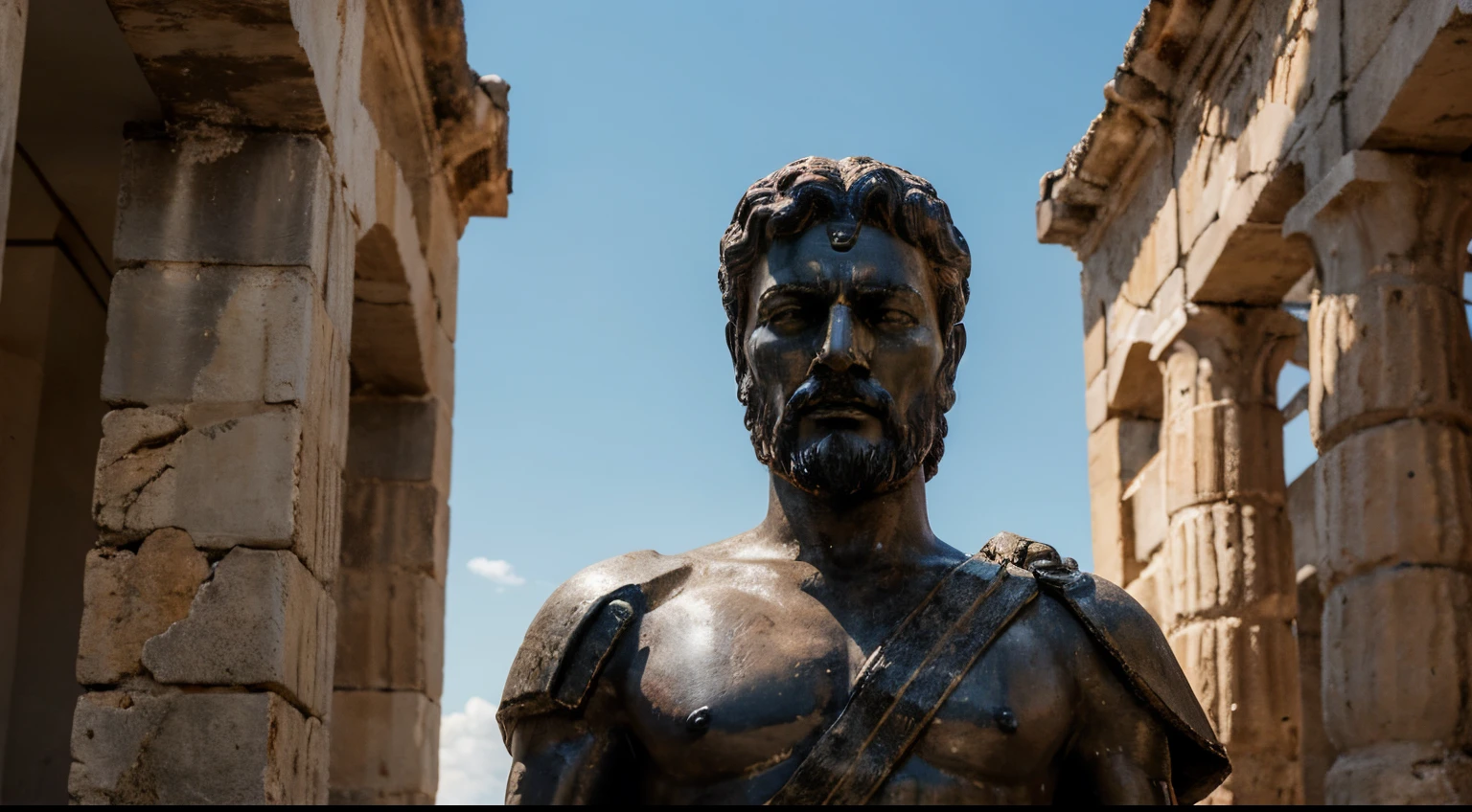 Ancient Stoic Statue With Very Angry Expression, tem barba, muitos detalhes em ambos os olhos, Outside, fundo atenas grego, open sky, com rosto extremamente detalhado full body view, Colors with low saturation with dark tone, Filmado em Sony A7S III com Sony FE 35mm f/1.8, 12.1 MP, --AR 3:2 --estilo cru