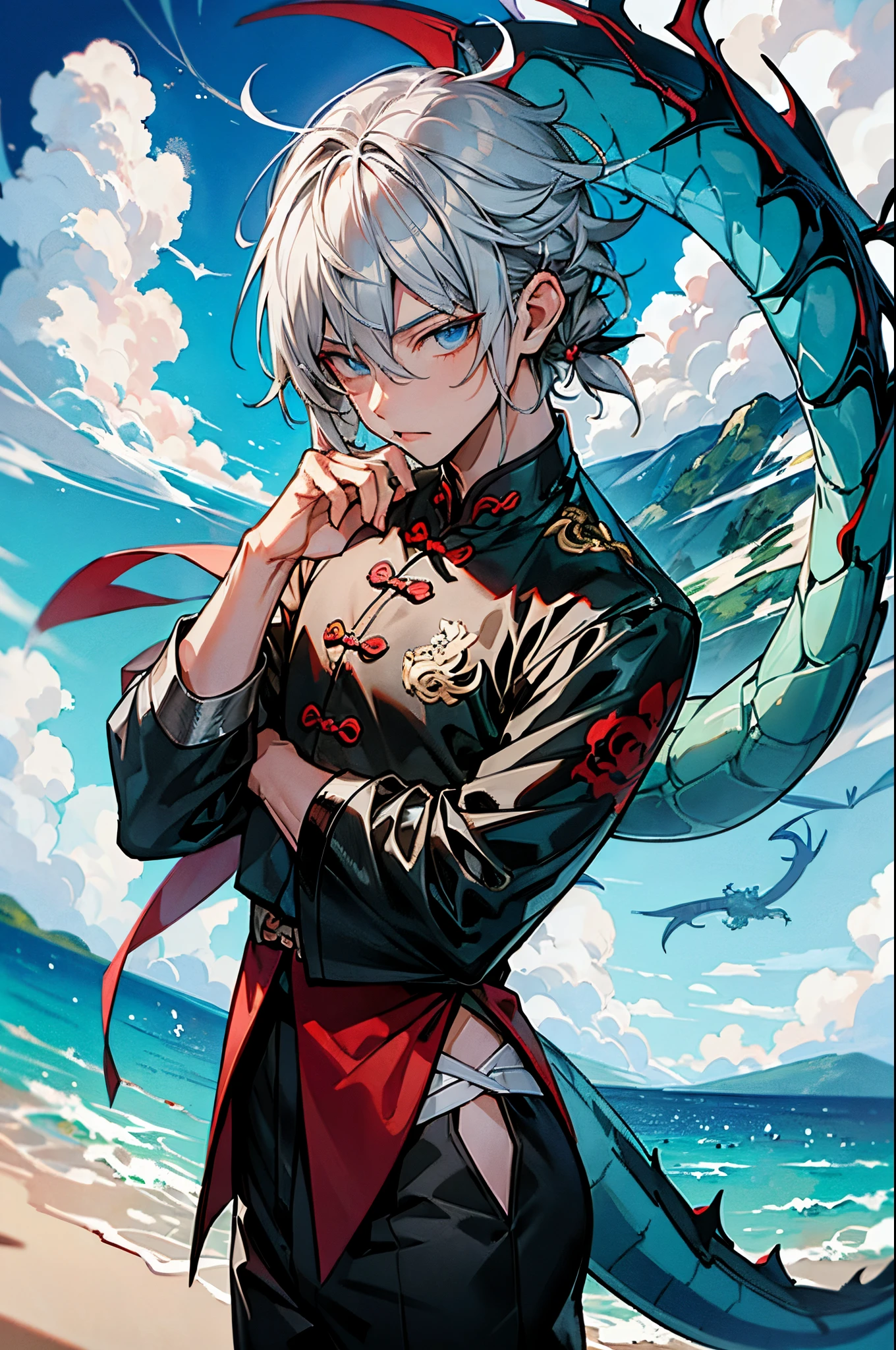 tmasterpiece,Need,超高分辨率,shoun,Chinese ancient style,(Short silver-gray hair),blue color eyes,Libido boy,adolable,banya,Dragon tail,The corals,Clouds,wave,Kamimei