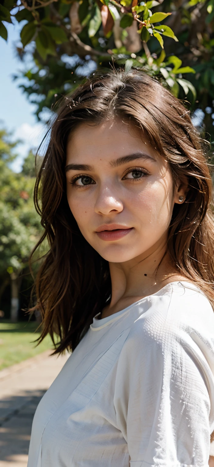 Gere uma imagem realista de uma jovem exploradora digital chamada Aurora Santos. Ela tem 25 anos, tem olhos castanhos expressivos e cabelos pretos com brilho natural. Its appearance is vibrant and authentic, reflecting a mix of curiosity and elegance. Vista-se com estilo Equilibrando conforto e moda, she is walking in a park