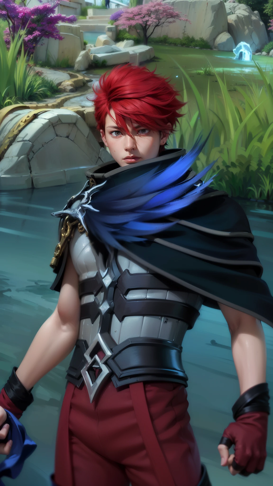 masculine male, masterpiece, ((perfect eyeest quality, (semirealism:1.9), beautiful lighting, (extremely detailed CG unity 4k fhd wallpaper), High Detail, Sharp focus, dramatic outdoors, 1 boy ,19 years old, red hair, light red eyes.