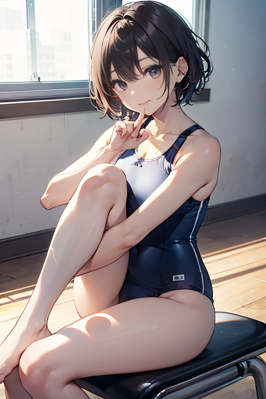 hiquality、top-quality、Full limbs、The ultra -The high-definition、complete fingers、Slender beauty、ssmile、short-hair、Wearing a shiny white school swimsuit、shinny skin、Physical education sitting、Hands on your knees、knee high、school classrooms、Dramatic Writing